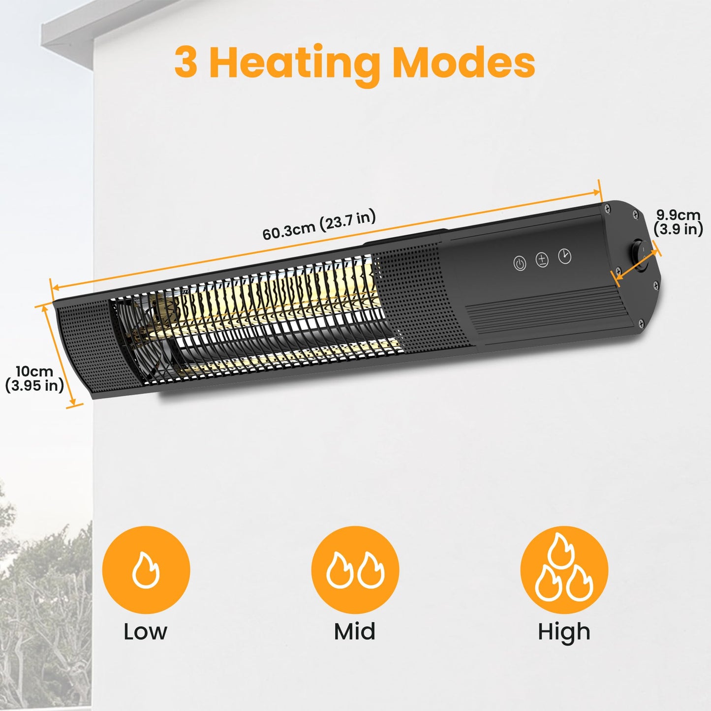 DWELLCOZY Heating Wall-Mounted Outdoor Heaters for Patio, Indoor/Outdoor Hanging Electric Patio Heater 1500W 3 Heat Modes with Remote, Infrared Outdoor Heater IP55 Resistant, 24H Timer, Black