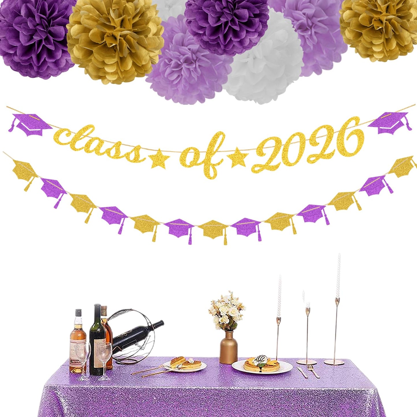 Purple White-Gold Party-Decorations Graduation Banner - 8pcs Kits Class of 2026 Cap Garland Streamers, Paper Tissue Pom Poms Flowers, Congratulations Grad Decor Lasting Surprise