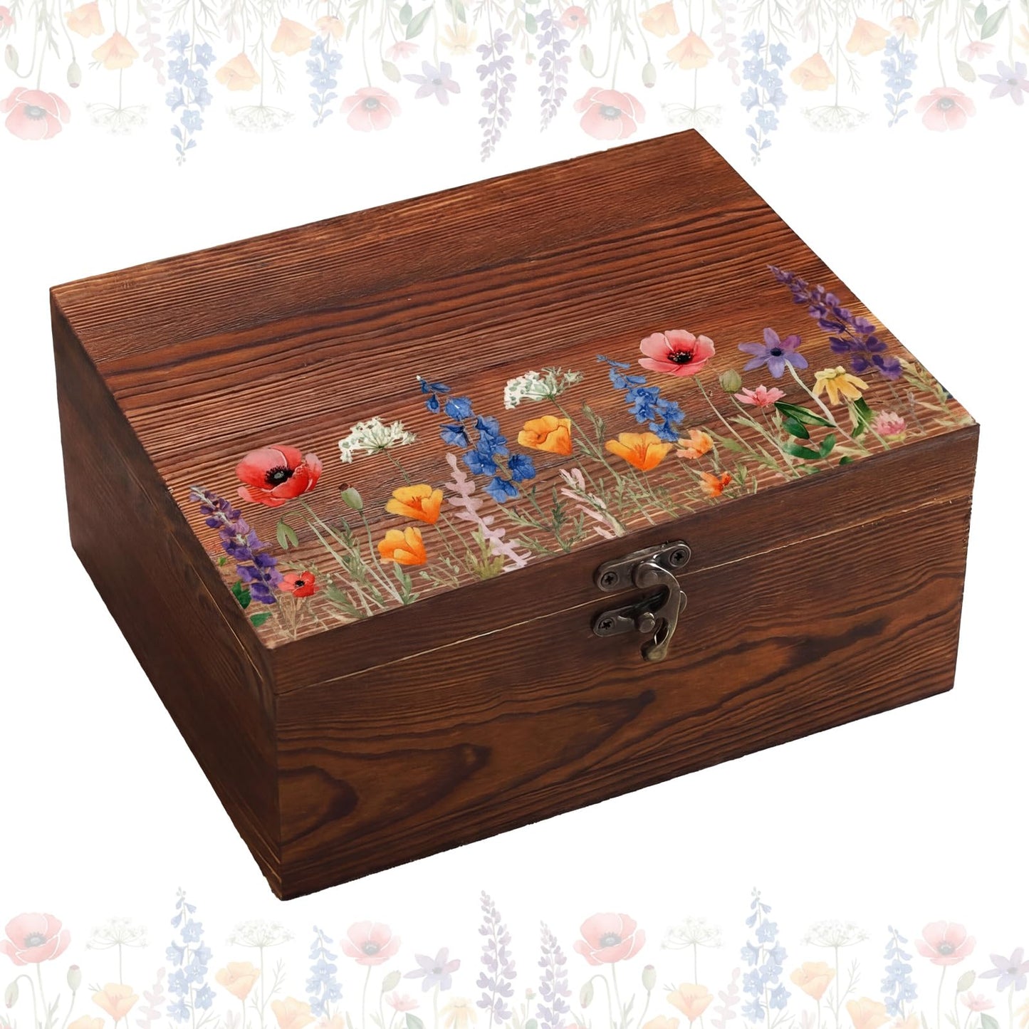 Gerrii Wildflower Wooden Keepsake Box Wedding Baby Shower Spring Flower Memory Storage Box with Buckle for Birthday Baby in Bloom Party(Wildflower Mix,Brown,11.02 x 8.86 x 4.92 Inches)