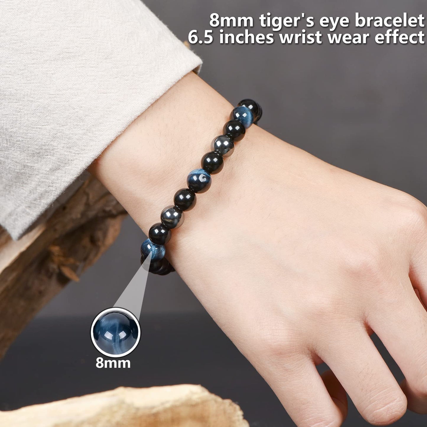 SAMXY Triple Protection Bracelet, 8mm Healing Crystal Bead Bracelet, 3pcs Blue Red Tiger's Eye Obsidian Hematite Bracelet Women Men