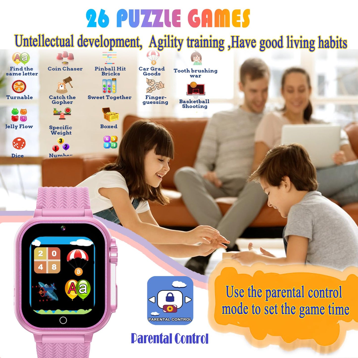 Goodatech Kids Smart Watch for Boys Girls, 1.54'' Smartwatch with 26 Puzzle Games, HD Camera, Video Music Player, Pedometer, Flashlight, Audio Book, Aluminum Case and Sport Band (Pink)
