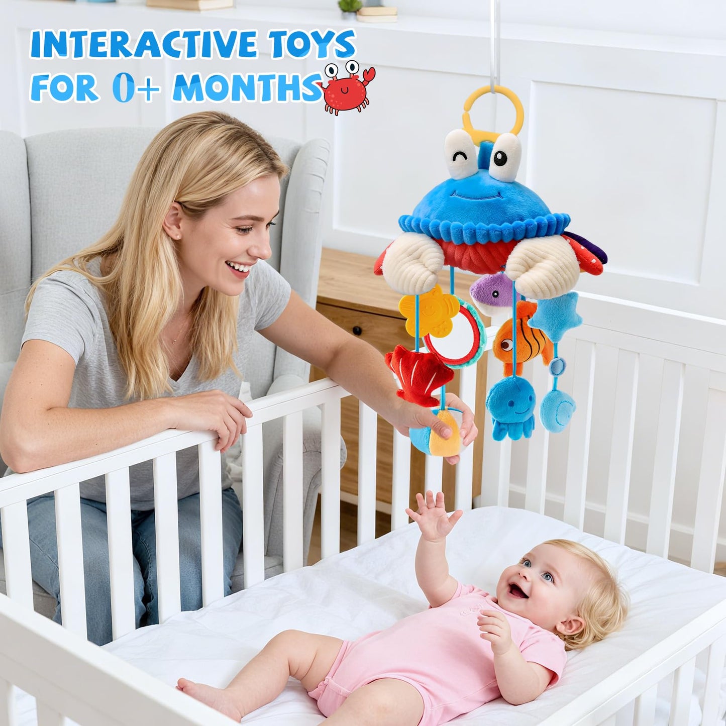 Car Seat Toys for Babies 0-6 Months, Hanging Sensory Crab Plush Toy for Stroller, Crib & Play Gym, Clip-On Montessori Infant Activity Toy with Mirror, Rattle & Teether, Newborn Baby Gifts 0-12 Months