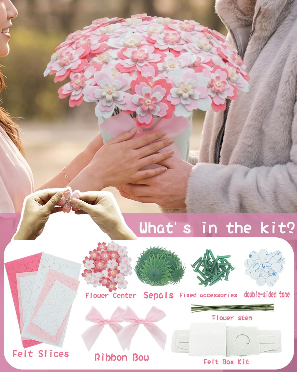 BAZIMA DIY Felt Flower Art Craft Kit,Cherry Blossom Bouquet Making Kit, Floral Gifts,Beginner Craft Kit, Arrange Pre-Cut Felt Flowers, Ideas for Art Project Activity,32 Felt Flowers.