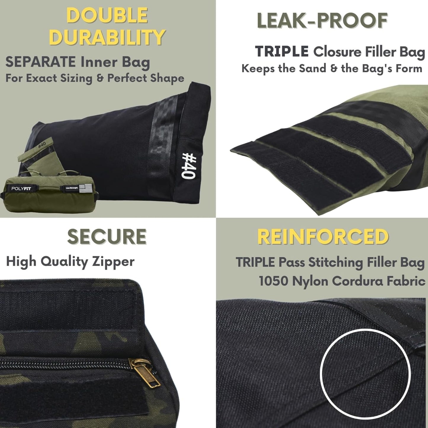 Polyfit Sandbag Pro - Workout Sandbag with Triple Closure Filler Bag and Reinforced Nylon Webbing - Black - 80LB