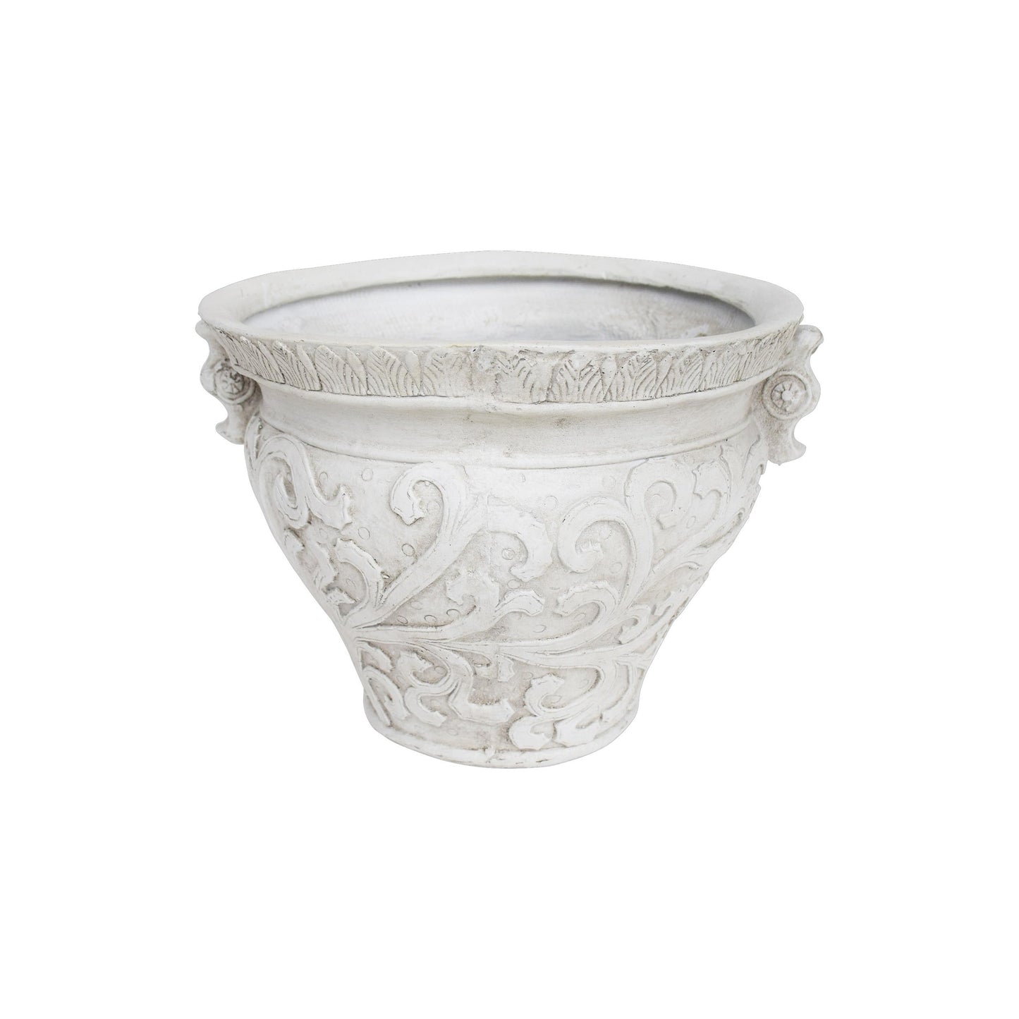 Christopher Knight Home Armis Round Concrete Planter, Indoor Outdoor Garden Plant Pot with Drainage Hole, Floral Relif Patio Urn Planter for Front Porch/Backyard, Outdoor Planter Box, Antique White