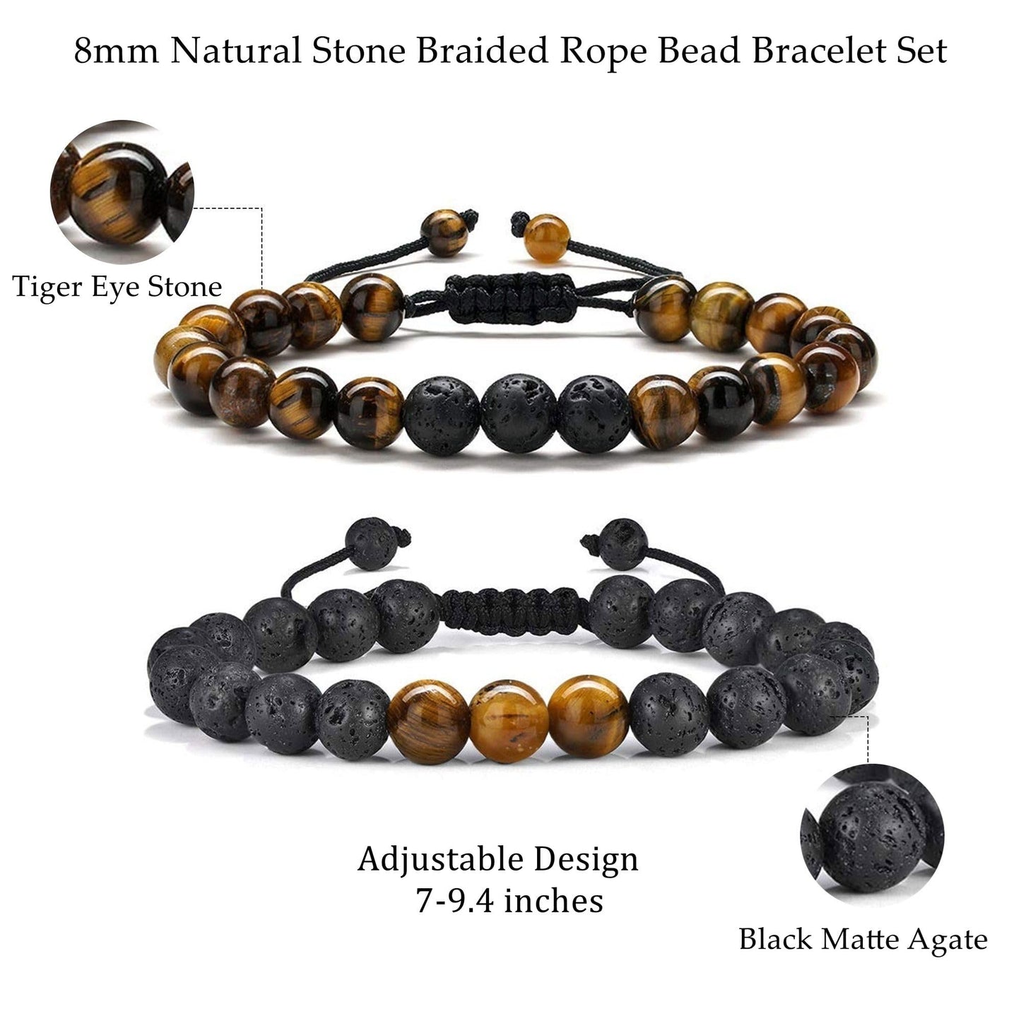 M MOOHAM Bracelets for Men - Beaded Natural Tiger Eye Bracelets for Men Black Lava Rock Stone Chakra Mens Anxiety Bracelet Adjustable Aromatherapy Oil Diffuser Jewelry Gifts