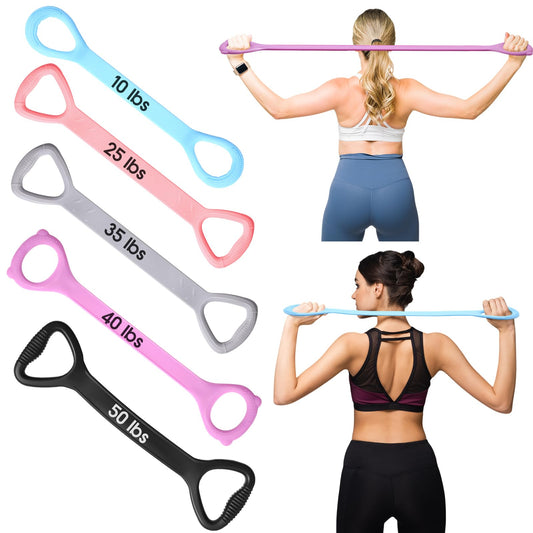 Soulchen 5 Pack Figure 8 Resistance Bands with Handles 10 Lbs-25 Lbs-35 Lbs-40 Lbs-50 Lbs Elastic Bands for for Arm and Shoulder Stretch, Workout for Women Men(Color Scheme 1,Classic)