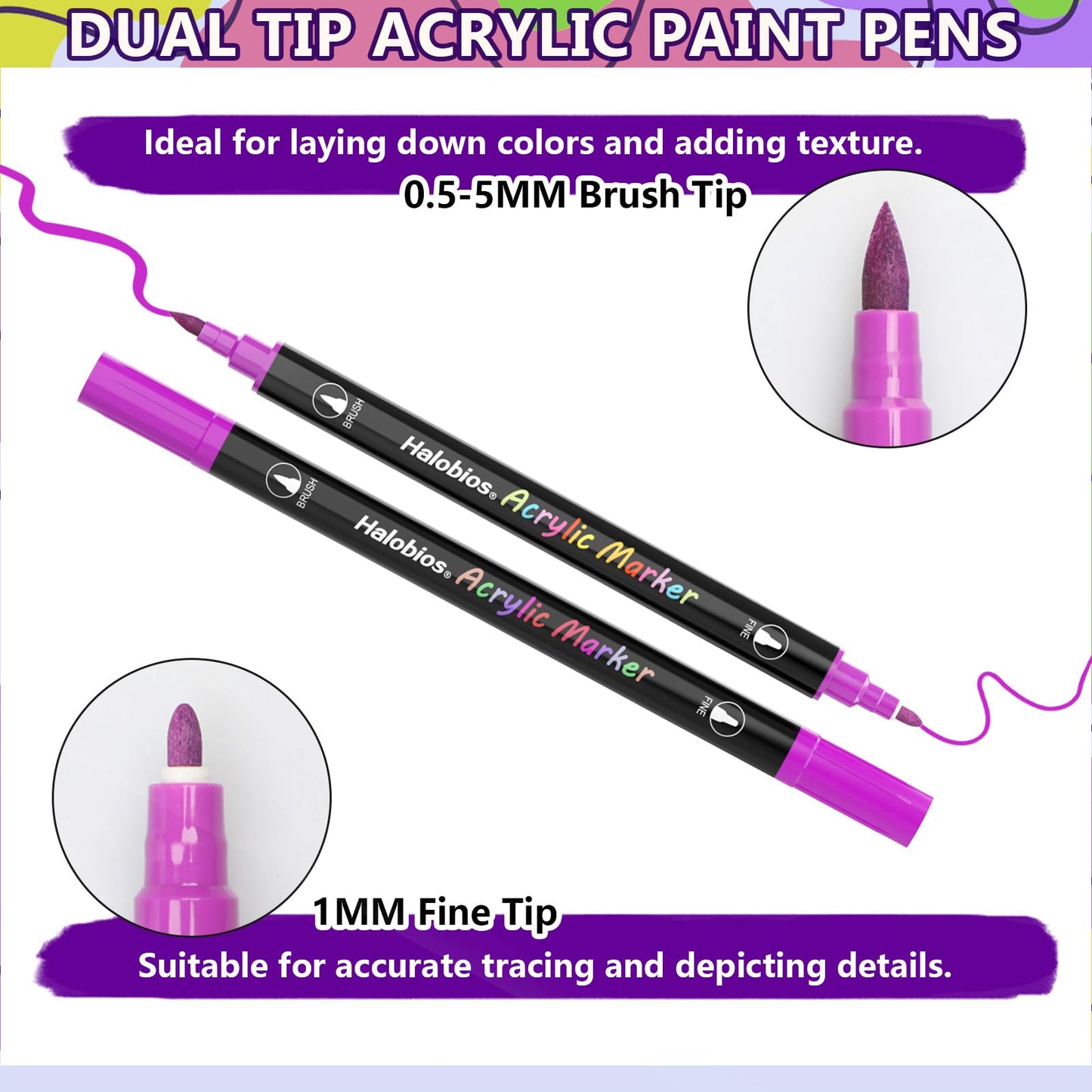 Halobios 48 Colours Acrylic Paint Markers, Dual Tip Brush Paint Markers with Brush Tip and Fine Tip for Rock Painting, Glass, Wood, Egg, Canvas, Paper, Ceramic, Fabric, leather, DIY Crafts