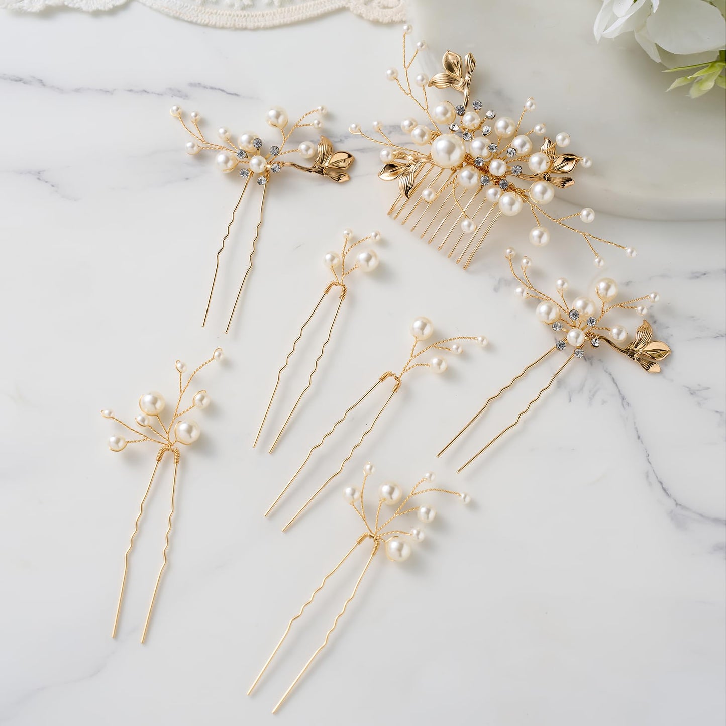 SWEETV Bridal Wedding Hair Accessories Set of 7, Pearl Wedding Hair Comb Rhinestone HairPins Leaf HairPieces Elegant Bridal Headpieces Accessories for Brides Bridesmaids Women Girls