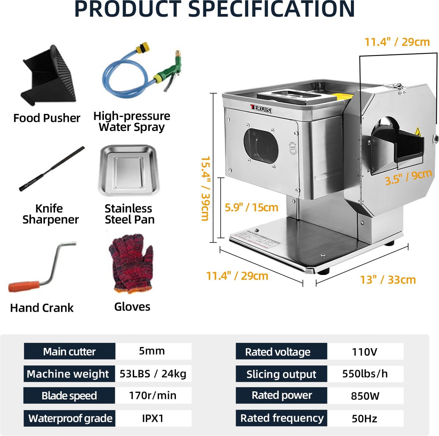 TERUISI Meat Cutter Machine, 850W Commercial Meat Slicer with Side Vegetable Slicing & Shredding, 3-In-1 Electric Food Slicer for Slices Cubes Minces, 550LBS/H, Asia Plug 110V (Slice Thickness:5mm)