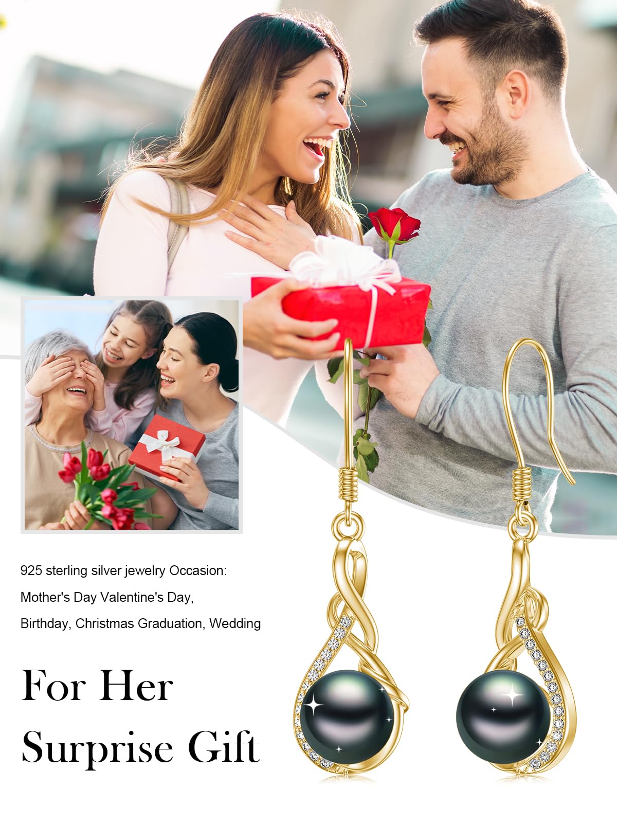 KANNSOAR 925 Sterling Silver 7MM Tahitian Black Pearl Dangle Drop Earrings, 18K Gold Plated, Everyday Infinity Earrings for Women Hypoallergenic Jewelry Gift for Anniversary Birthday Christmas