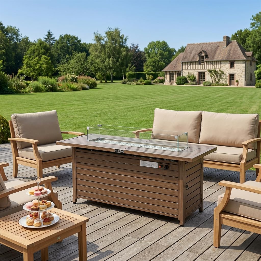 57 Inch 50000BTU Fire Table with Glass Wind Guard, with Cover and Table Lid, Nature Wood Coating