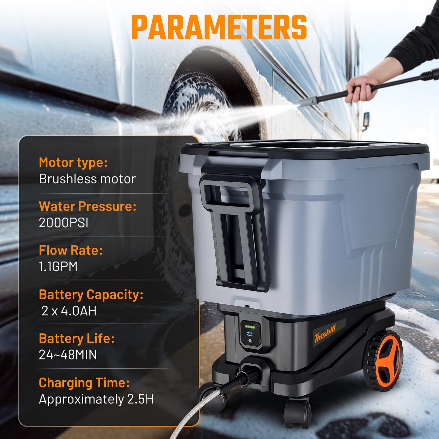 This Hill Electric Pressure Washer, Brushless Motor Washer with 3 Pressure Modes, 2000 PSI Portable Power Washer, 21V Dual-Row Fast Charging, High Pressure Washer for Car Fence Driveway Patio
