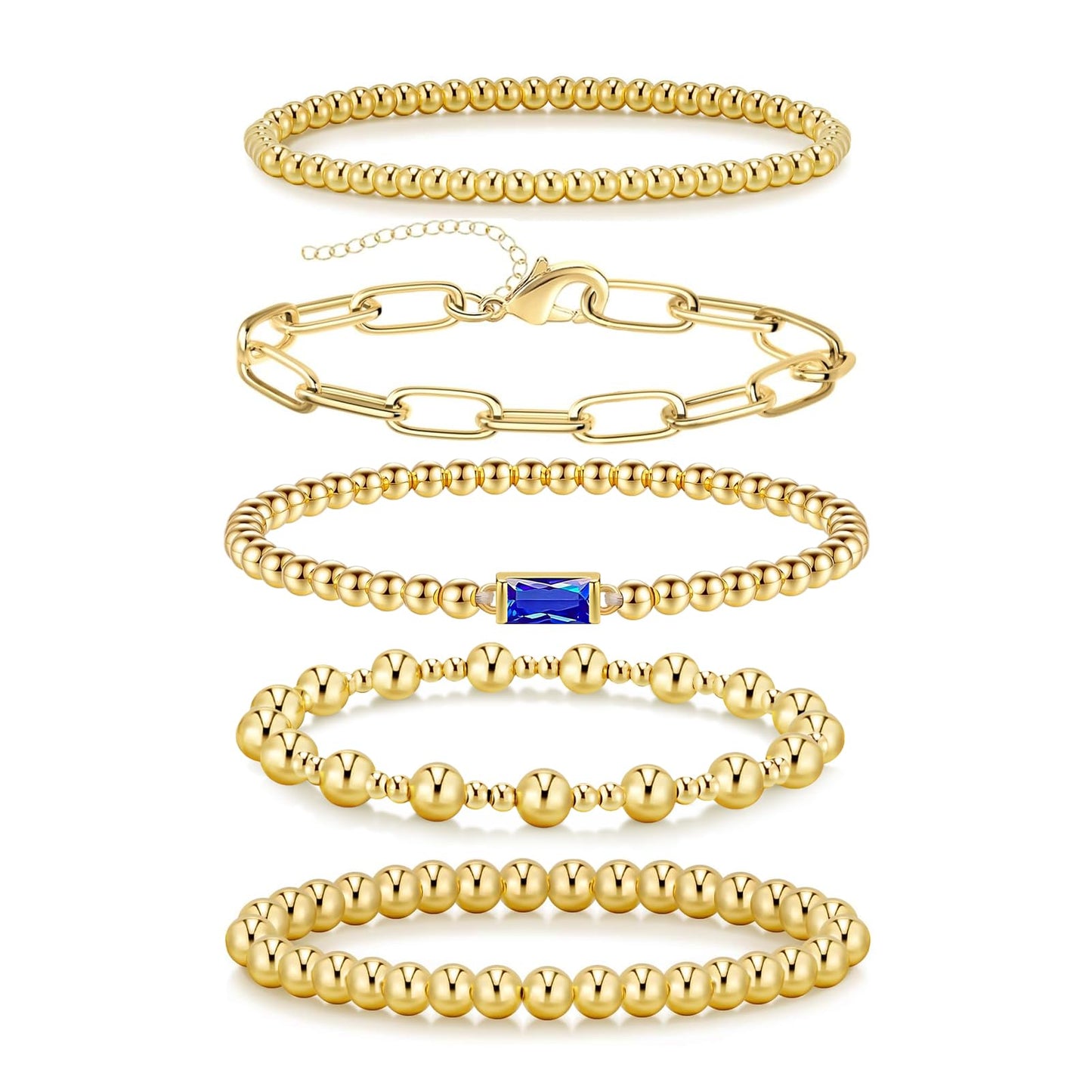 5 PCS Gold Bracelets for Women, Dainty Birthstone Bracelet 14K Gold Plated Stackable Paperclip Cuban Link Chain Bead Bracelets, Fashion Trendy Jewelry Sets Birthday Gifts