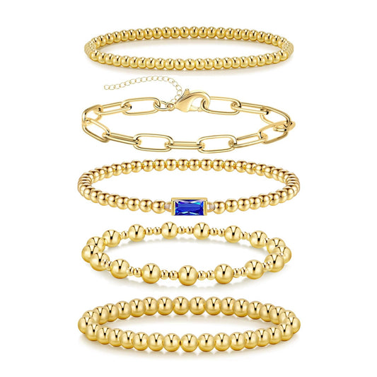 5 PCS Gold Bracelets for Women, Dainty Birthstone Bracelet 14K Gold Plated Stackable Paperclip Cuban Link Chain Bead Bracelets, Fashion Trendy Jewelry Sets Birthday Gifts