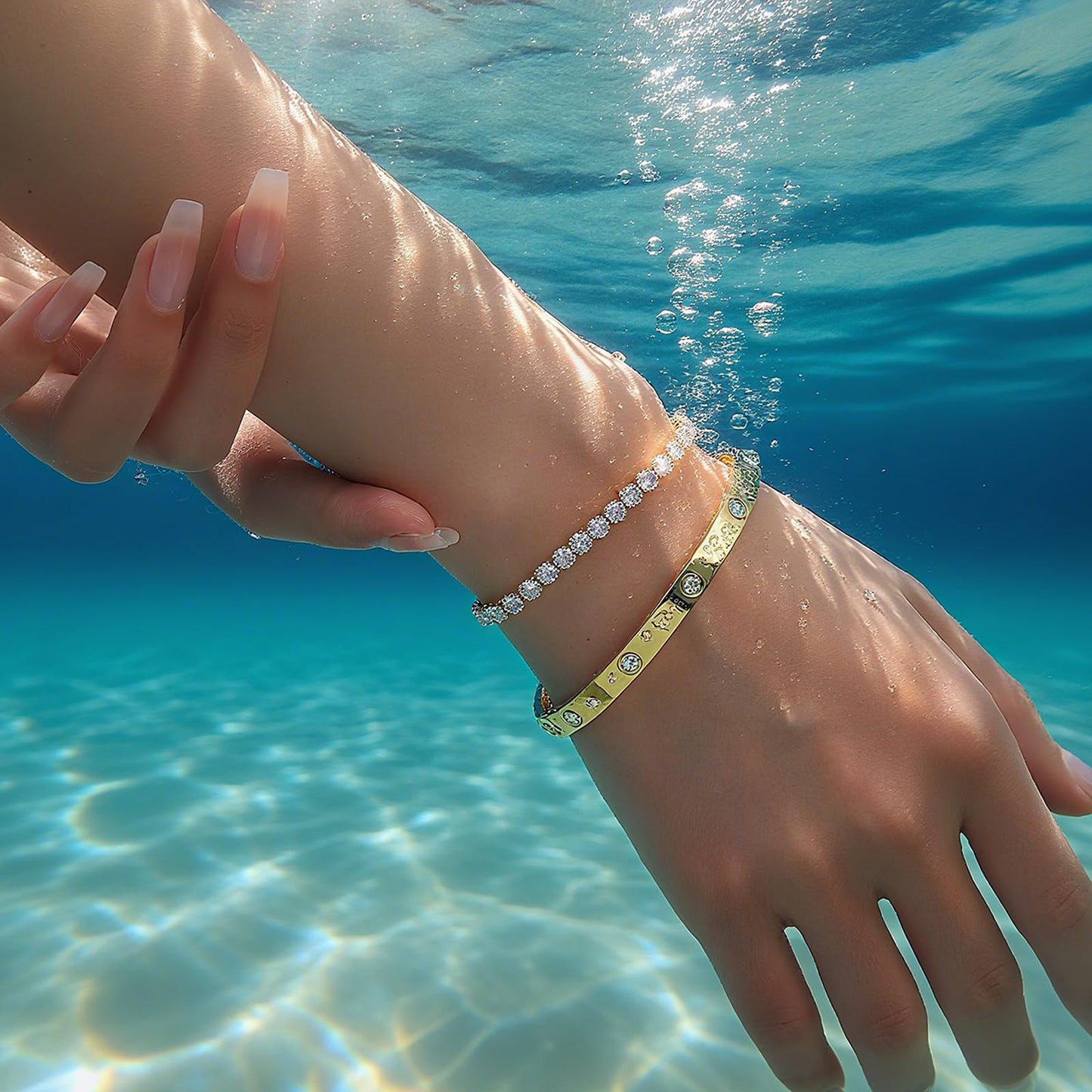 2PCS Gold Bracelets for Women, 18K Gold Plated Love Friendship Bangle Bracelet Set, Adjustment CZ Tennis Bracelet Stack Non Tarnish, Dainty Waterproof Jewelry Gifts for Valentines Day, Easter