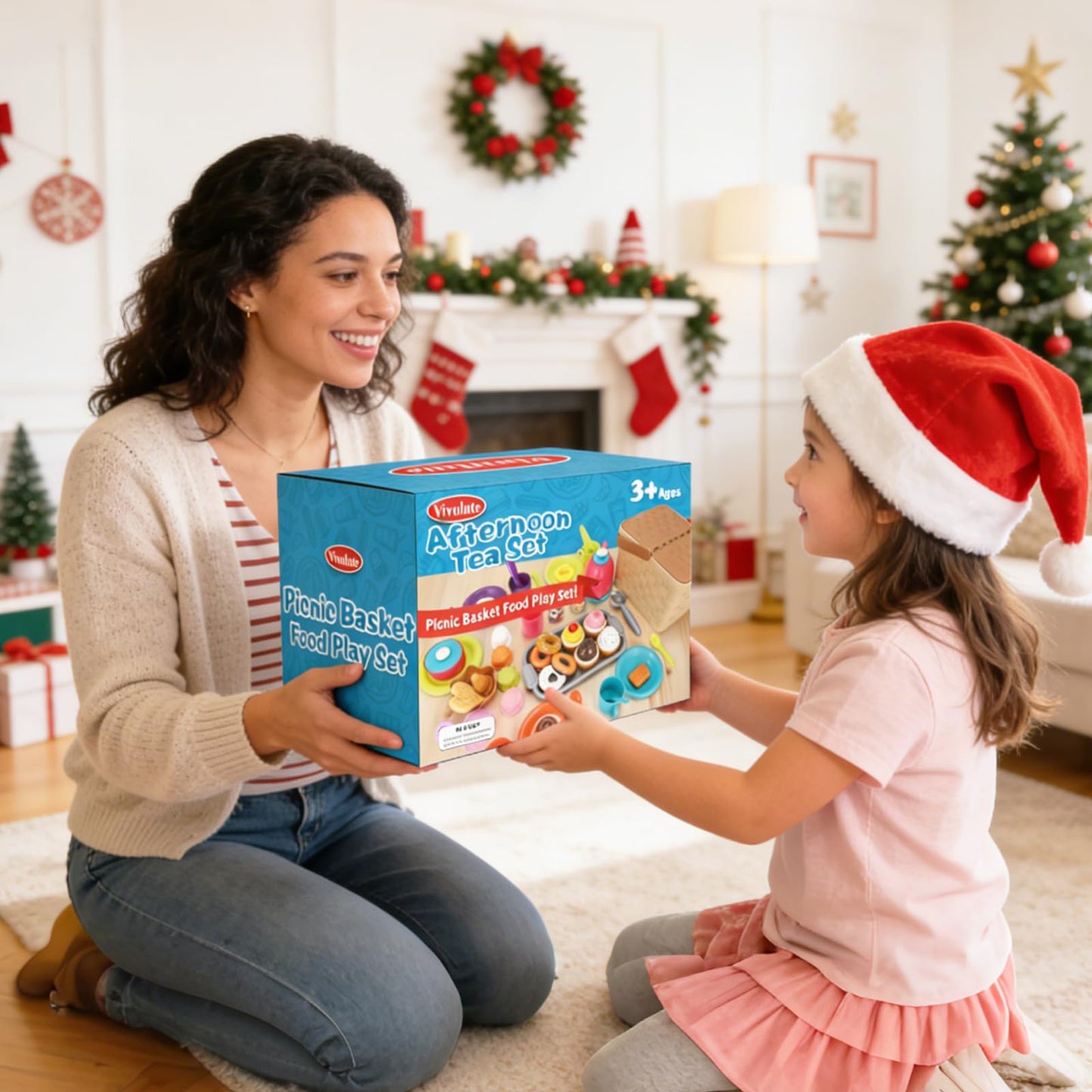 Picnic Basket Toys Play Tea Sets with Teapot Tea Cup Dessert Food,Ice Cream Playset, Pretend Play Kitchen Accessories Tea Party Set for Toddlers Kids Little Girl Boy Age 3-7 Years Old