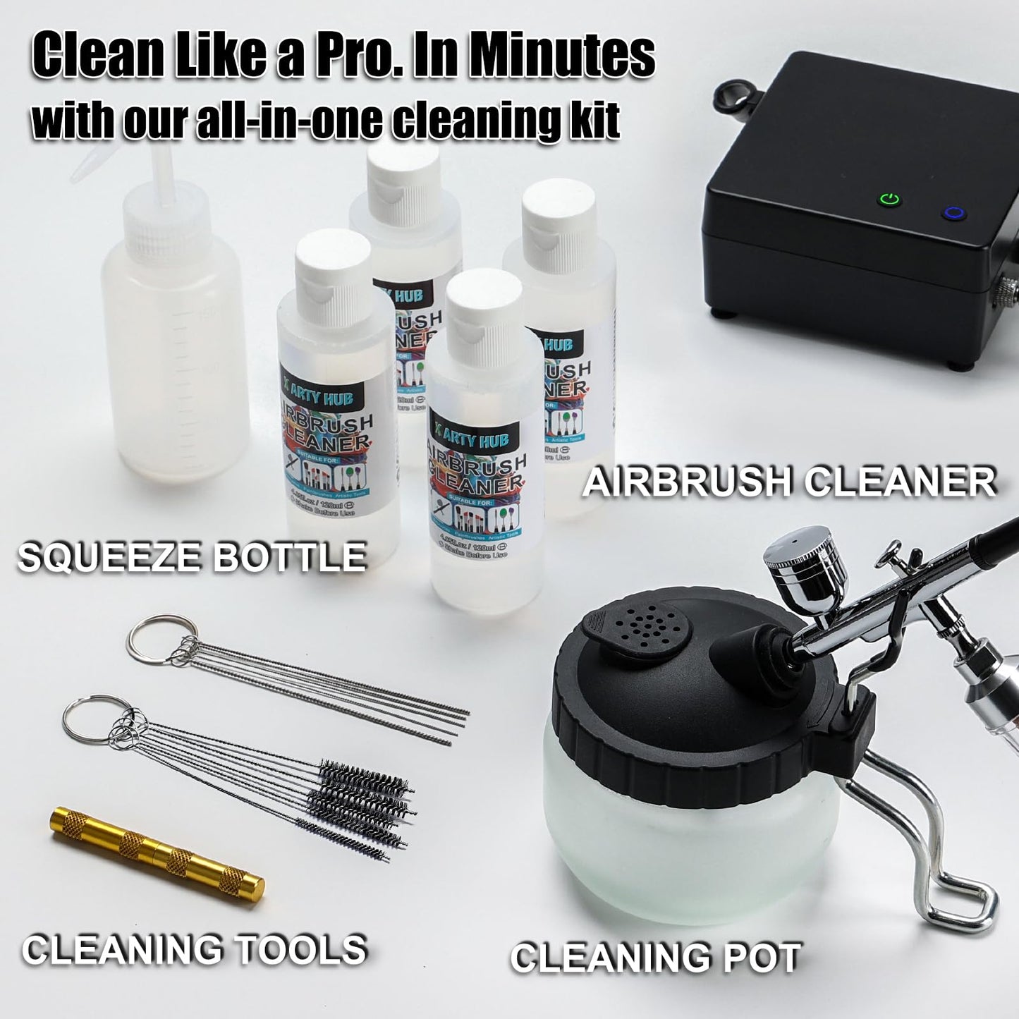 X ARTY HUB Airbrush Kit with Air Compressor, 55 PSI High-Pressure Non-Clogging Air Brush Gun with 0.2/0.3/0.5mm Nozzles & Cleaning Kit (4 * 4.05 fl oz Cleaner) - for Model Painting, Artwork & Crafts