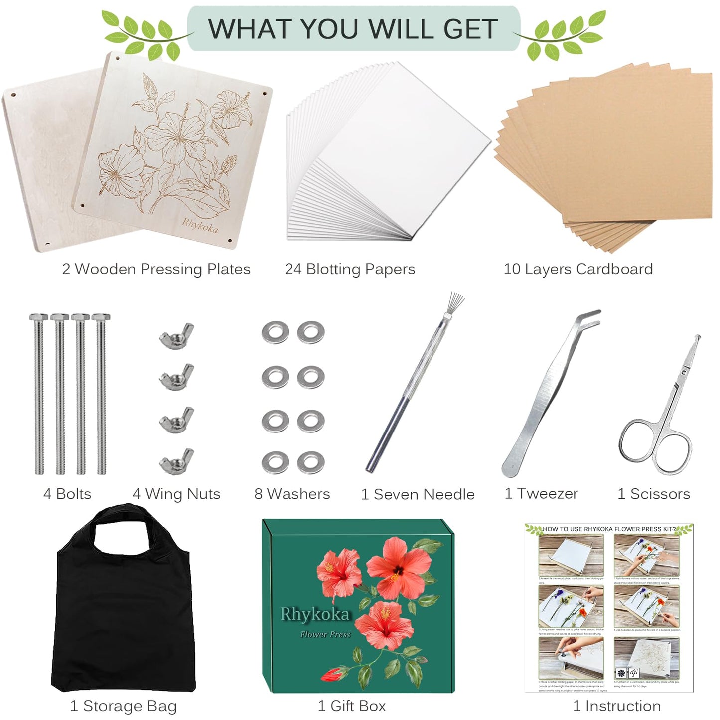 Rhykoka Large Flower Press,11x11 inch (28x28cm) 10 Layers Wooden Flower Pressing Kit for Adults with Storage Bag, Great Gift for DIY Flower Lovers (Wooden)