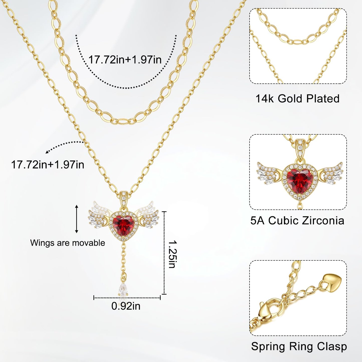 MEIITRUE Heart Necklace for Women Trendy,14k Gold Plated Dainty Layered Necklaces Set Cubic Zirconia Love Drop Pendant with Movable Wings Personalized Choker Chain Jewelry Gift White