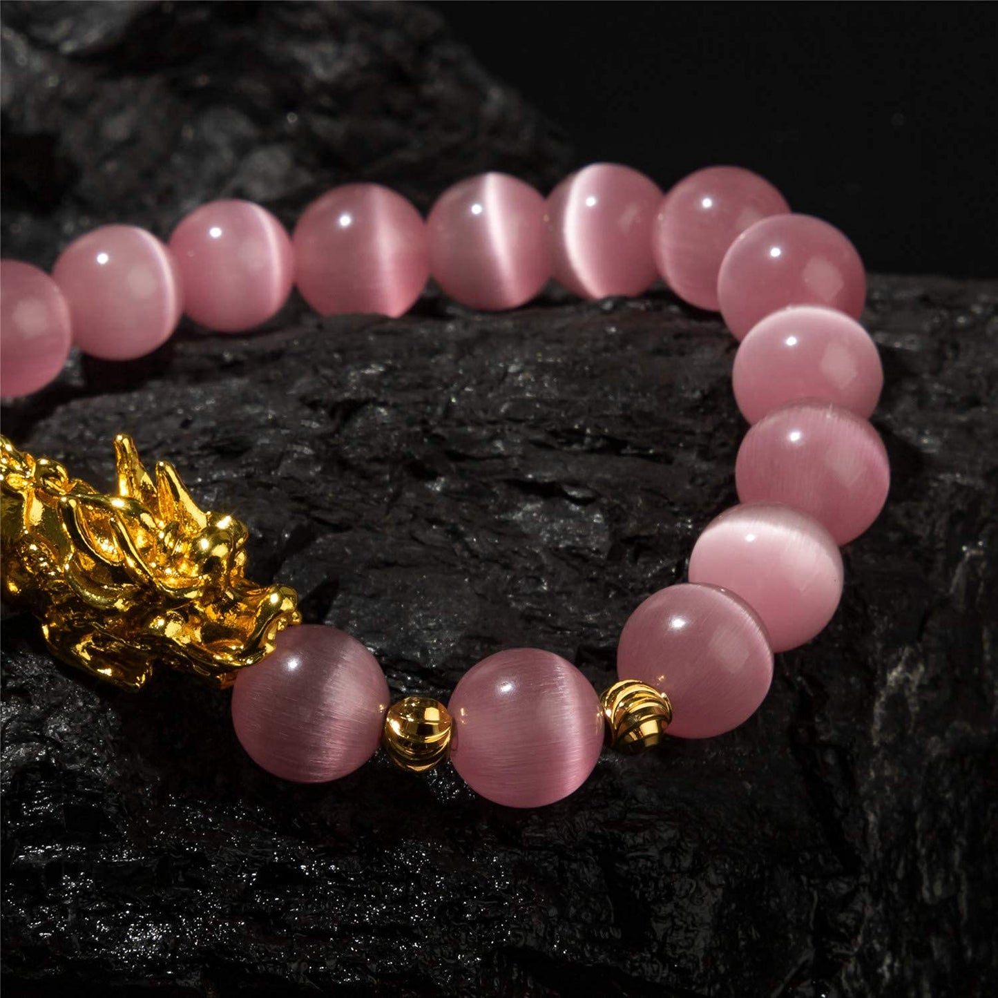ZenBless Feng Shui Bracelet Cat Eye Bead Bracelet with Gold Plated Pi Xiu/Pi Yao Attract Wealth and Good Luck Amulet Gift(Pink L)
