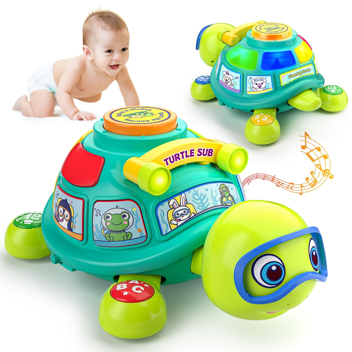ToddlerCley Musical Turtle Baby Toys 6-12 Months, Bilingual Educational Crawling Toys 7 8 9 10 Months, Light up Infants Tummy Toy with Sound, Number, Letters, Gifts Present for Baby 4 5 6 12 Month