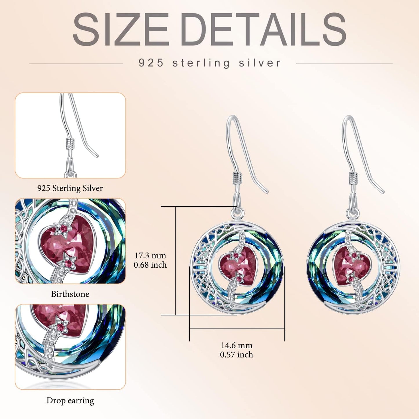 TOUPOP Ruby Earrings July Birthstone Earrings Sterling Silver Moon and Star Drop Dangle Earring Jewelry Blue Crystal Birthday Mothers Day Gifts for Women Mom Her