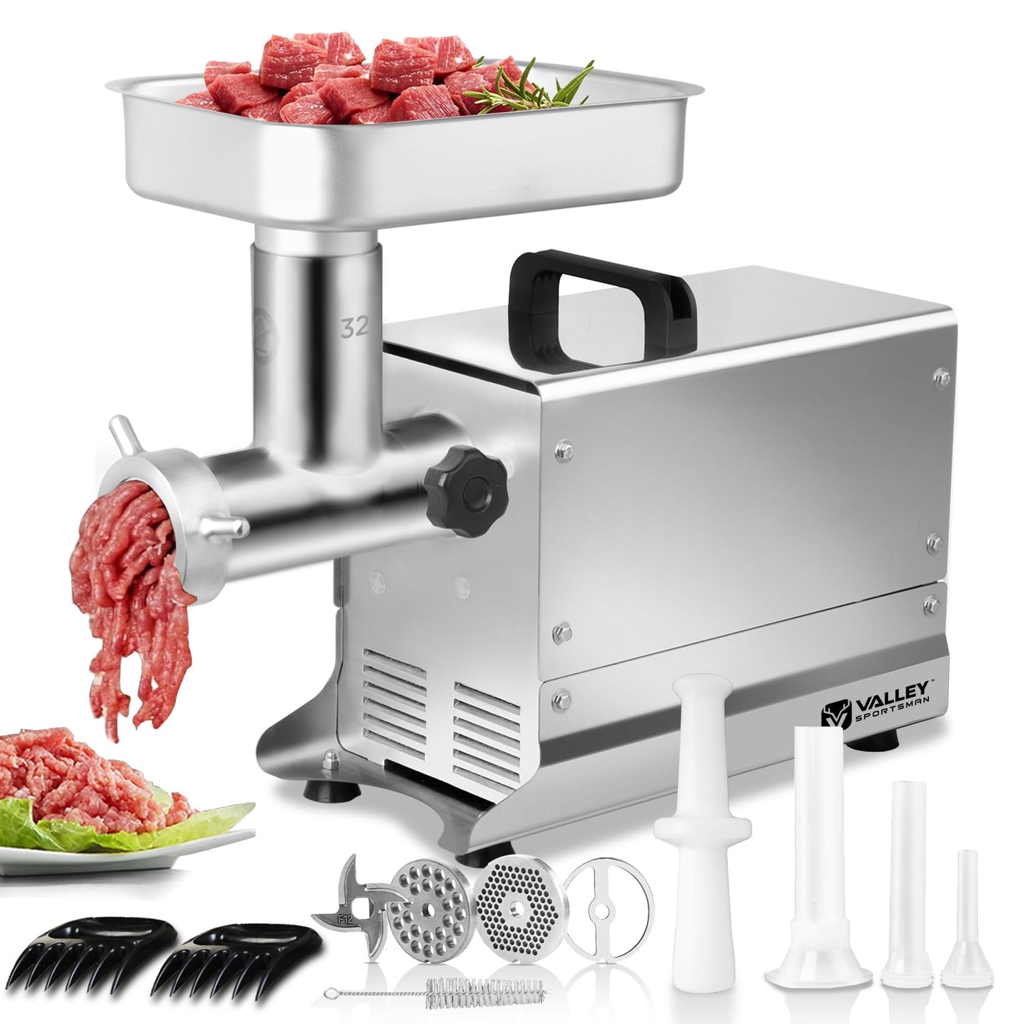 Valley Sportsman #32 Commercial Electric Meat Grinder, 1.5 HP 880 lbs/hr, Stainless Steel Heavy Duty Meat Mincer, Sausage Stuffer, Meat Grinder Machine, Ideal for Commercial and Professional Use