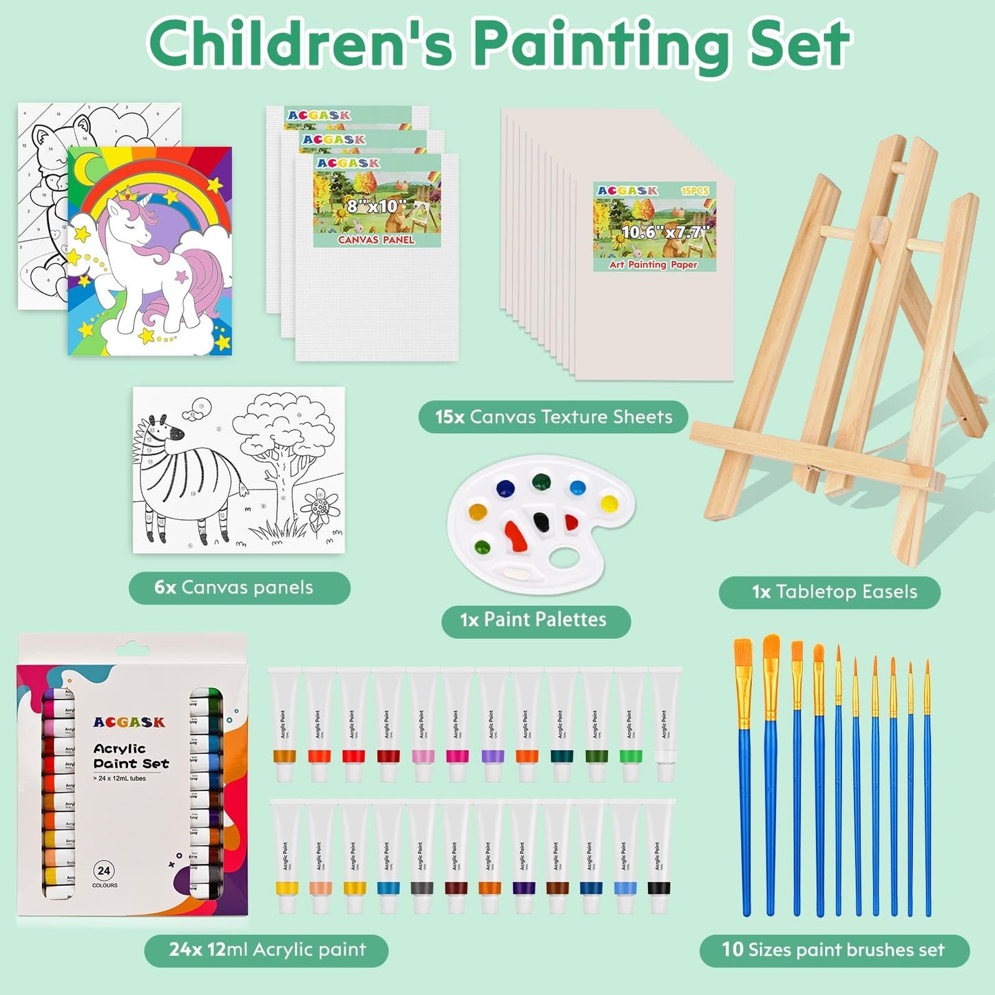 ACGASK 43 Pieces Acrylic Painting Kits for Kids,Non Toxic Arts Supplies and Paint Set for Kids with 6 Canvas Panels,24 Color Paints,15 Paper pad,Table Easels,10 Brushes Etc,Painting Kit Gift