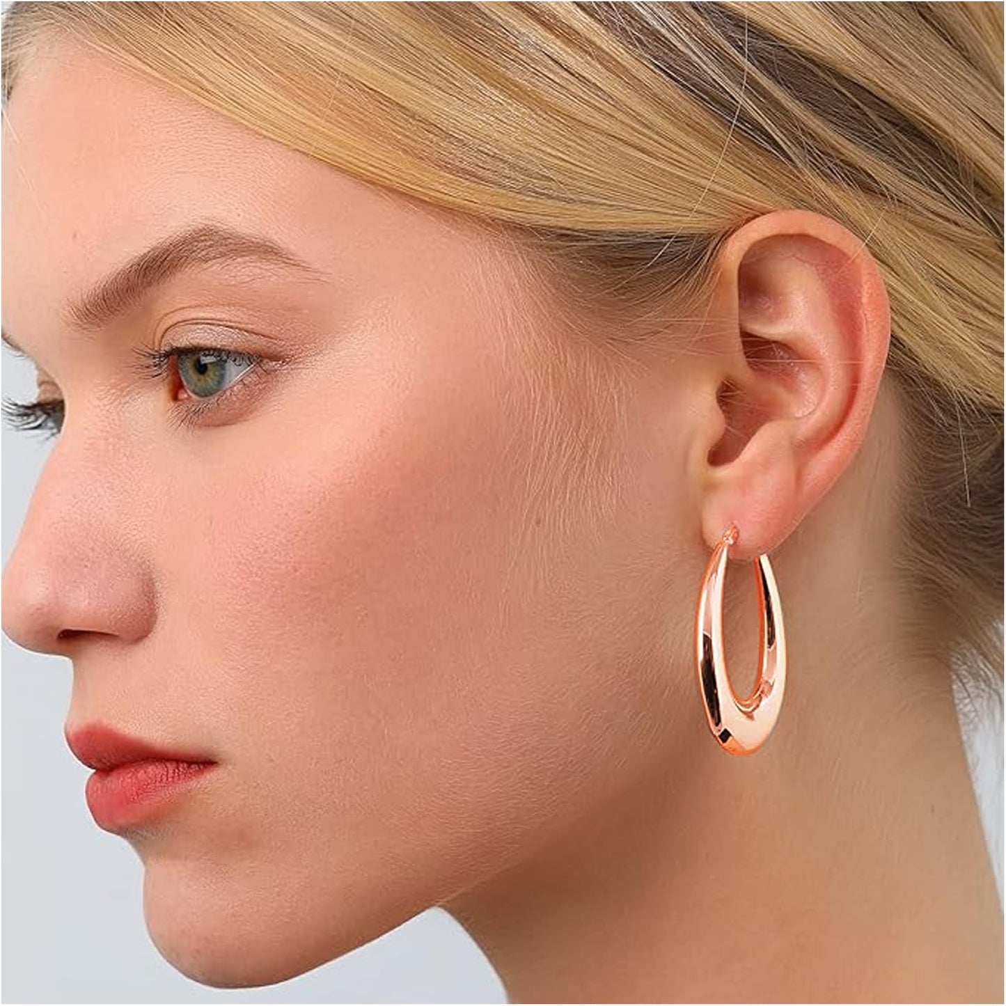 PABBEU Chunky Rose Gold Hoop Earrings for Women, Lightweight 14k Golden Plated Hoops Earrings, Hypoallergenic 925 Oval Rose Golds Hoops Earrings, Thick Gold Hoop Earrings for Women Gifts (40mm)