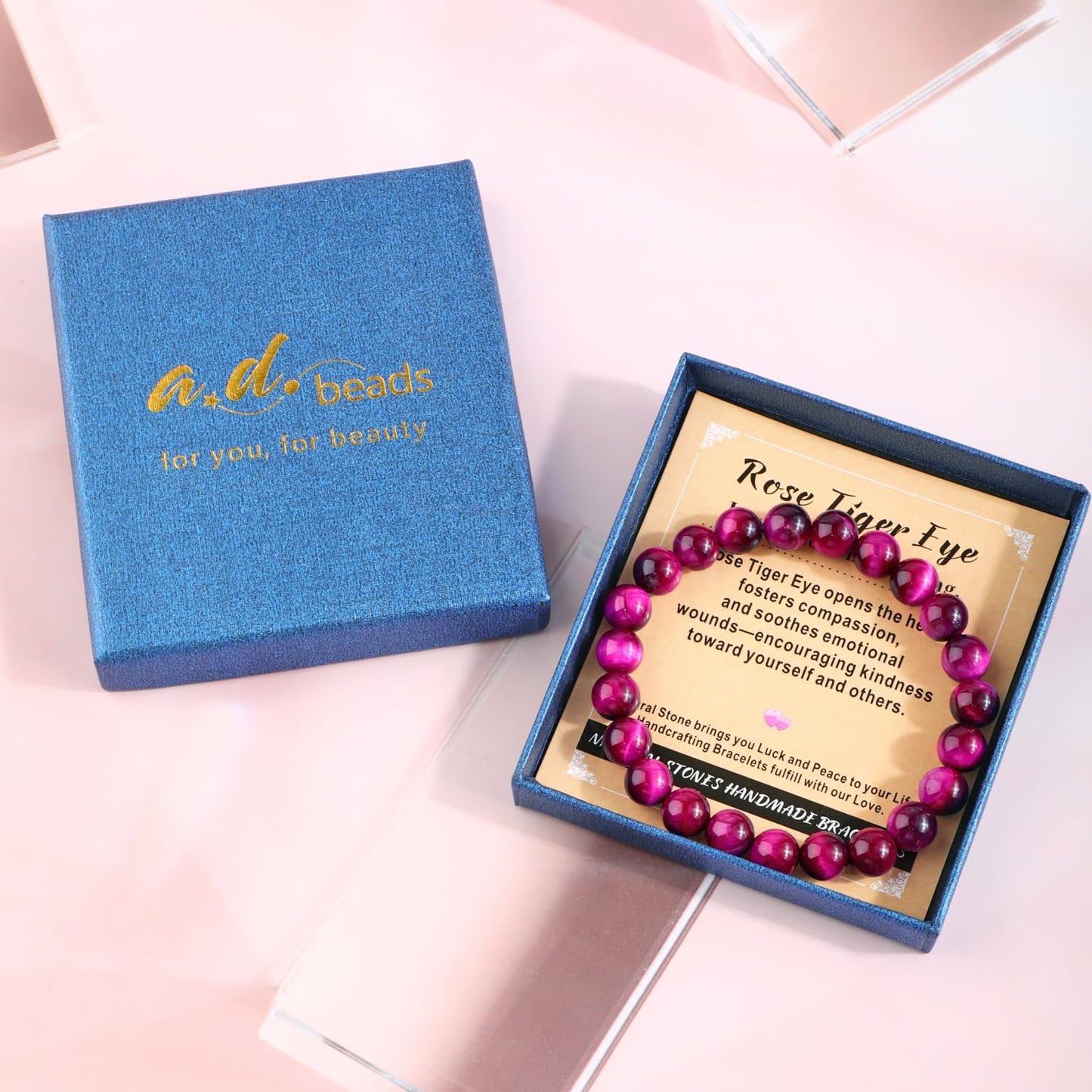 AD Beads 4mm Handmade Rose Tiger Eye Elastic Bracelet – Natural Gemstone for Love,emotional healing. – Meditation, Yoga, Healing and Energy Gift for Men Women