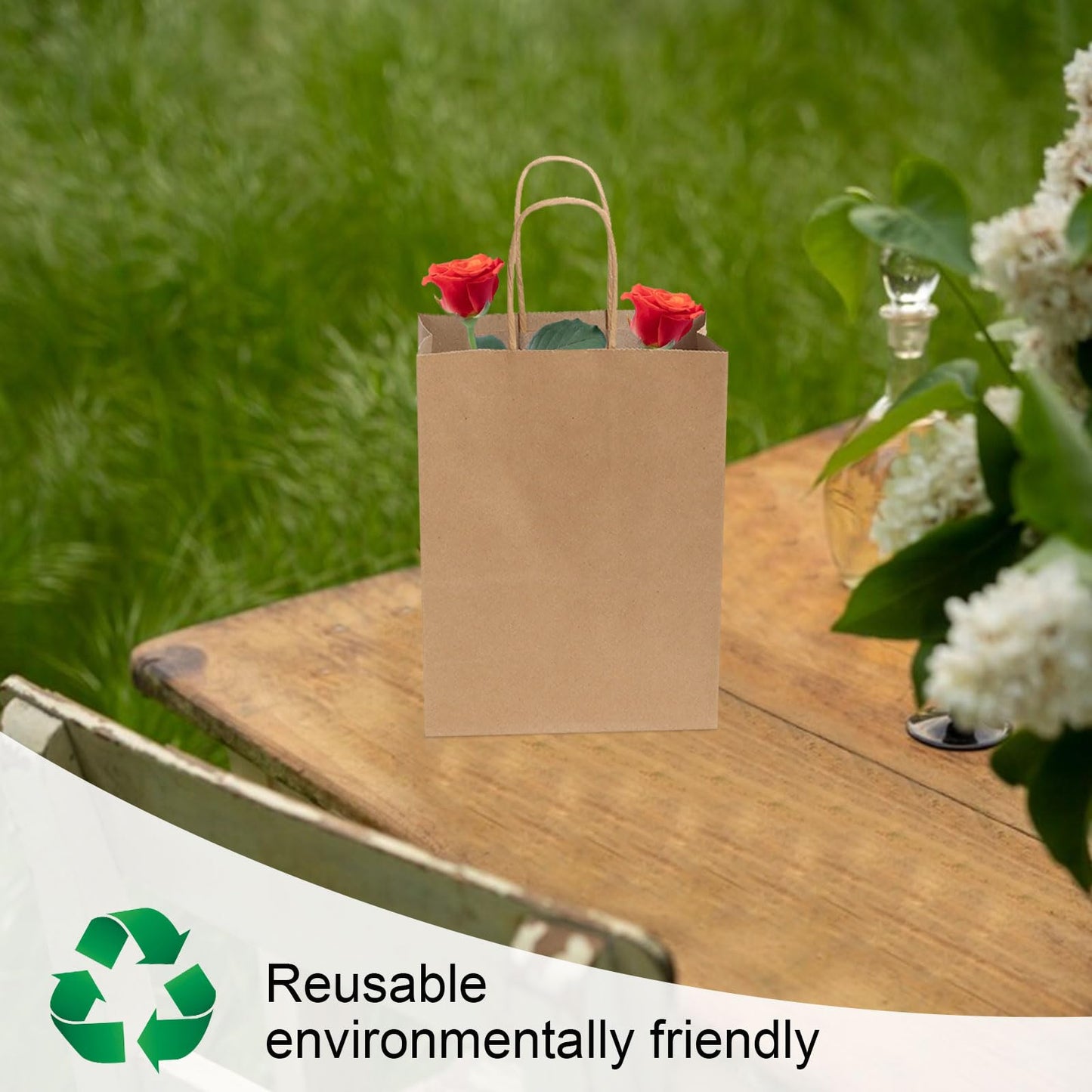 Joybe 100 Pack 5.95x3.25x8 Inch Small Brown Paper Bags with Handles Bulk, Kraft Paper Gift Bags for Birthday Party Favors Grocery Retail Shopping Business Goody Craft Sacks (Plain Natural, 100pcs)