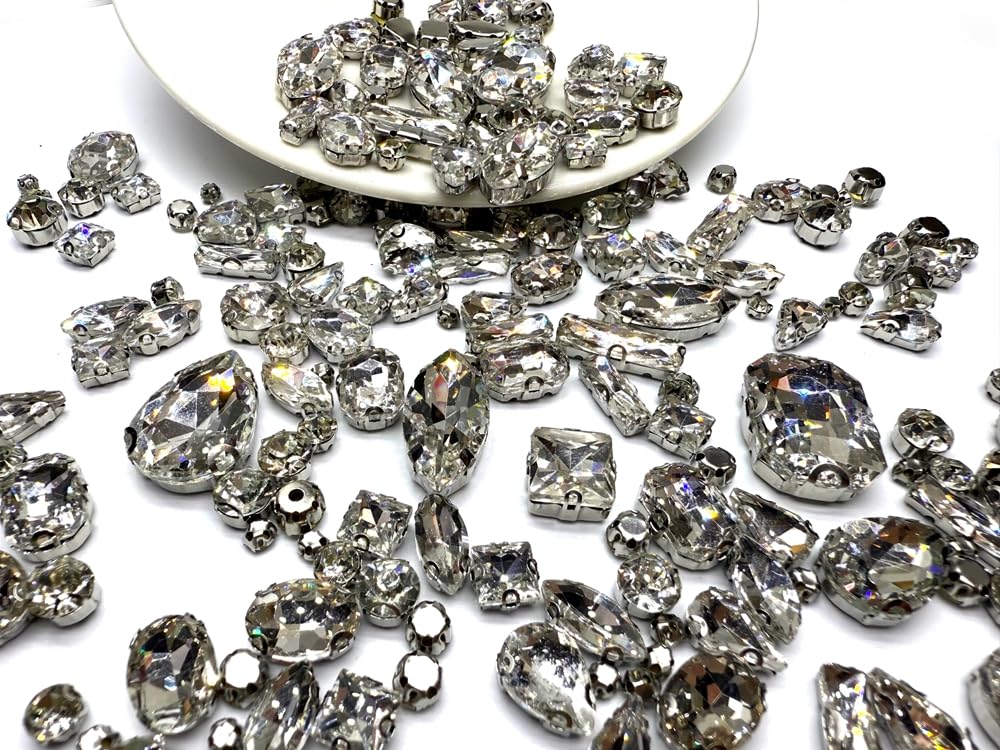 260 PCS/Pack 9 Shapes 24 Sizes Mixed Clear Crystals, Silver Sew on Glass Rhinestones,Crystal Gems Mental Flatback with Silver Claw, for Jewelry Crafts Costume DIY Garment