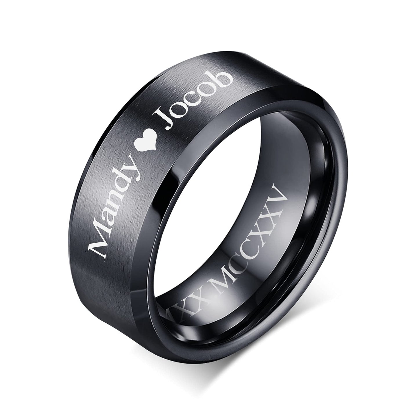 VNOX Mens 8mm Brushed Matte Tungsten Carbide Classical Simple Plain Personalized Custom Name Date Wedding Band Wedding Engagement Ring,Black,Size 12