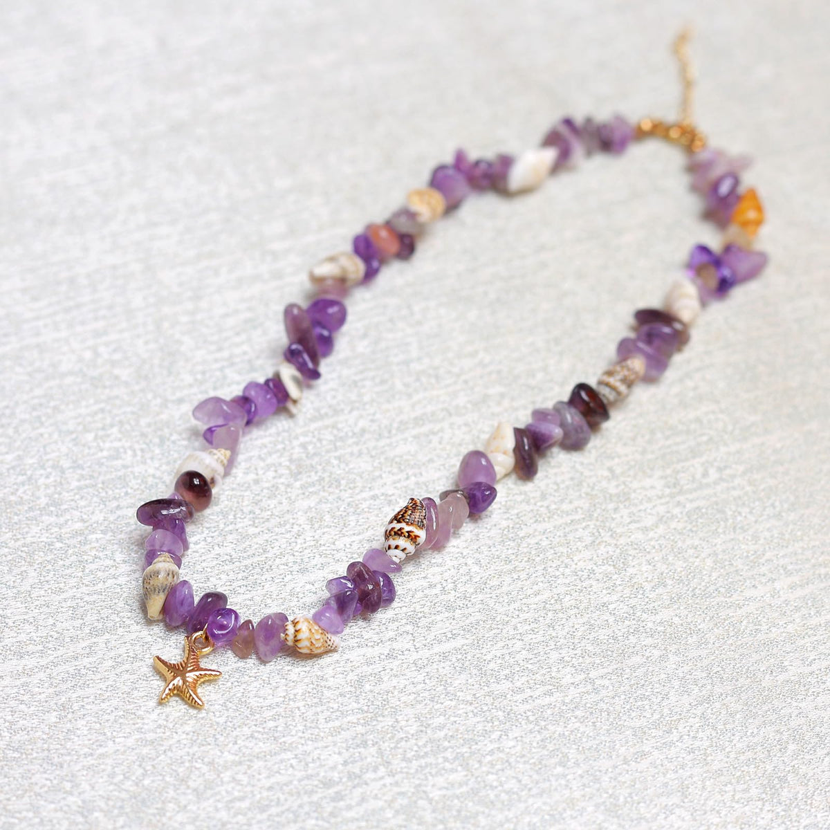 Amethyst Necklace for Women, 14K Gold Plated Dainty Starfish Natural Amethyst Crystal Beaded Necklaces Waterproof Handmade Beach Summer Boho Choker Bead Ocean Beachy Vacation Necklace for Women
