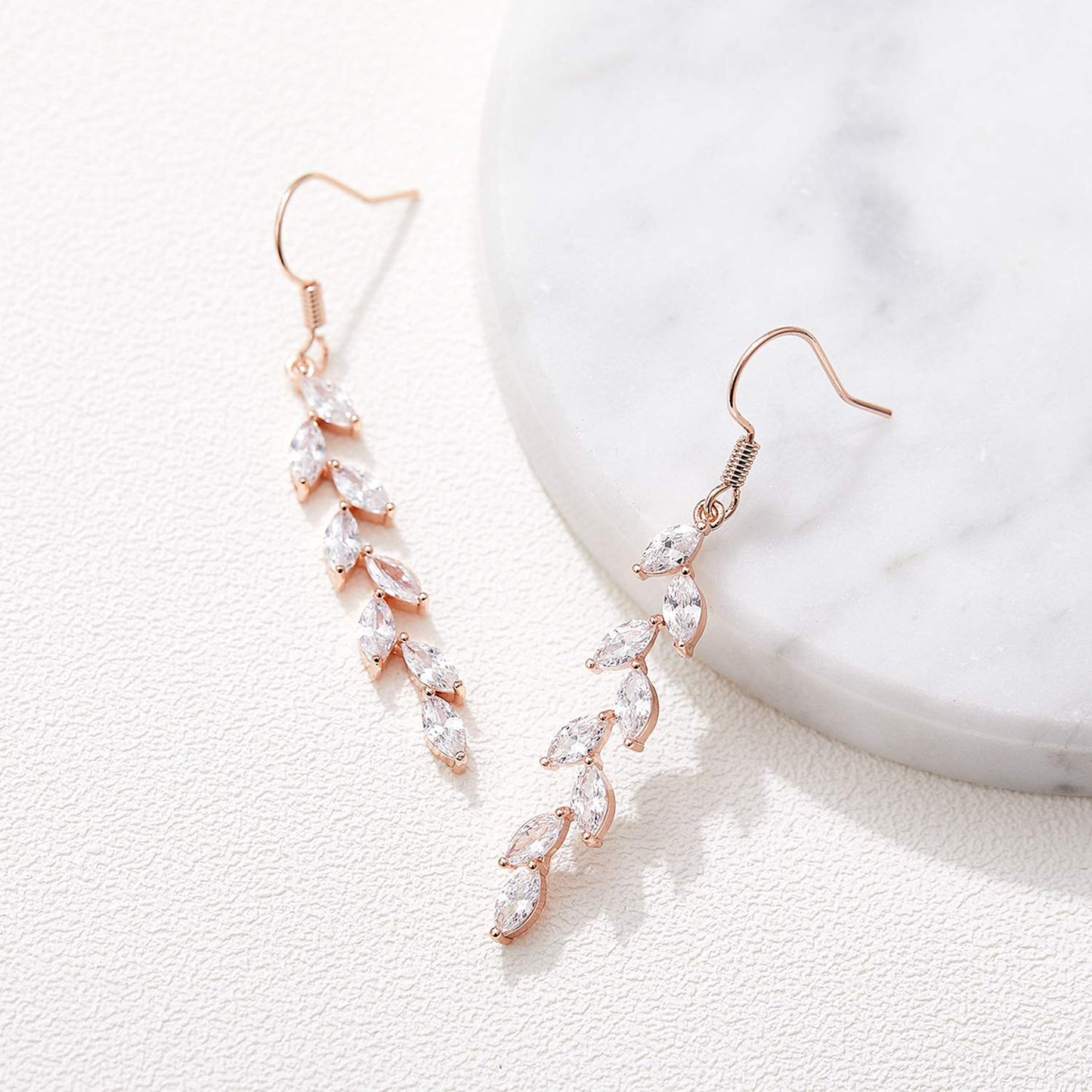 SWEETV Rose Gold Plated Marquise Wedding Dangle Earrings for Brides Birdesmaid, Crystal Long Bridal Earrings for Women Prom