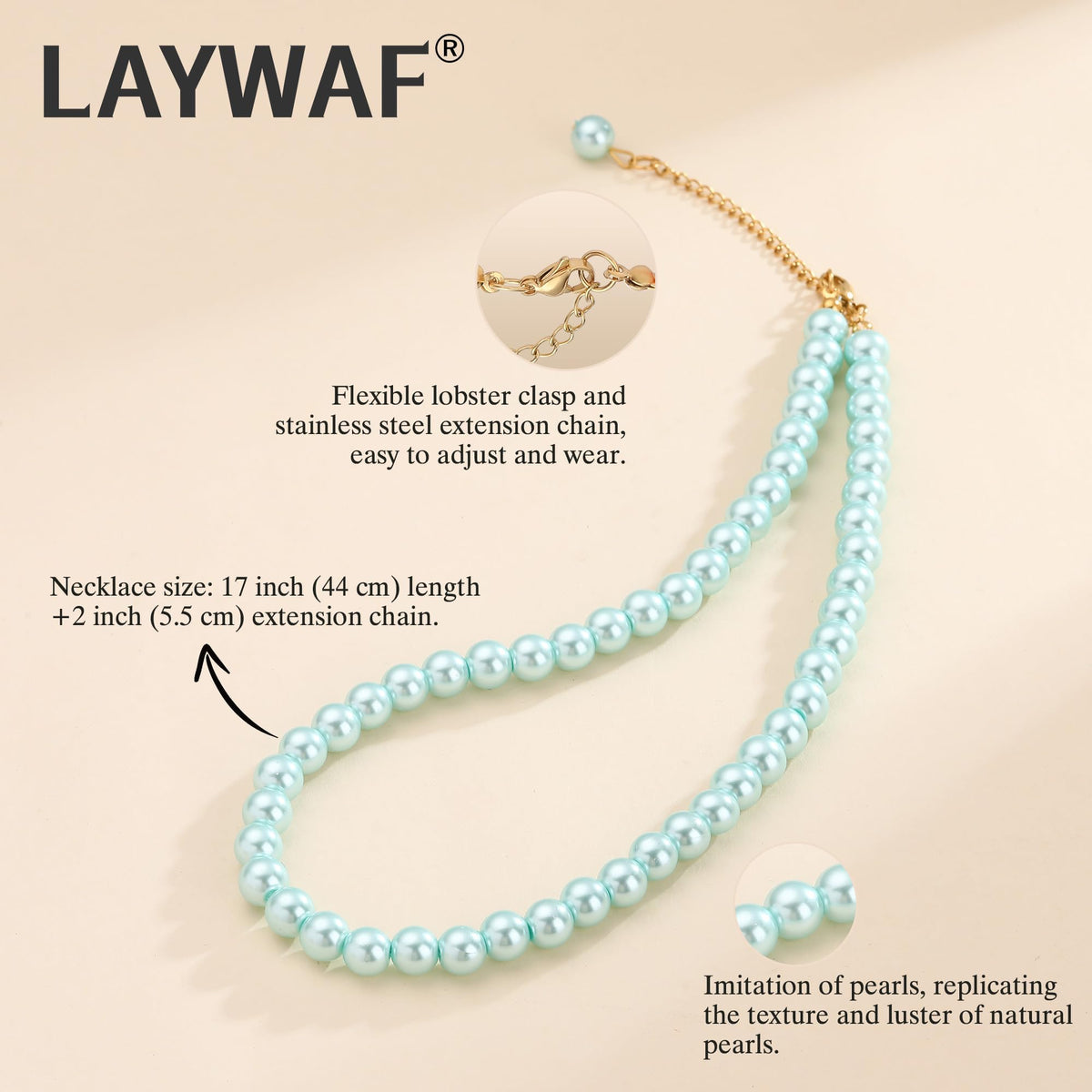 LAYWAF Imitation Pearl Choker Necklace for Women Mom, 8MM Blue Fake Pearls Beaded Necklace, Simple Dainty Faux Pearl Costume Jewelry, Chunky Imitation Pearl Accessories