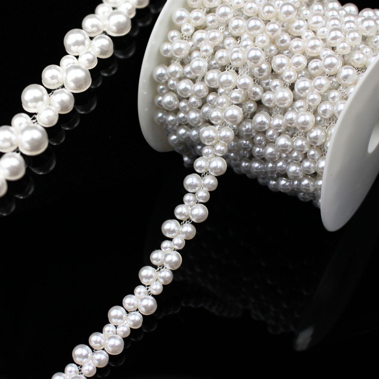 1 Yard Pearl Trim Chain String Silver Applique Fringe Ribbon Strips Beads Sewing Dress DIY Party Wedding Bouquet for Decoration Bridal Costume Embellishment