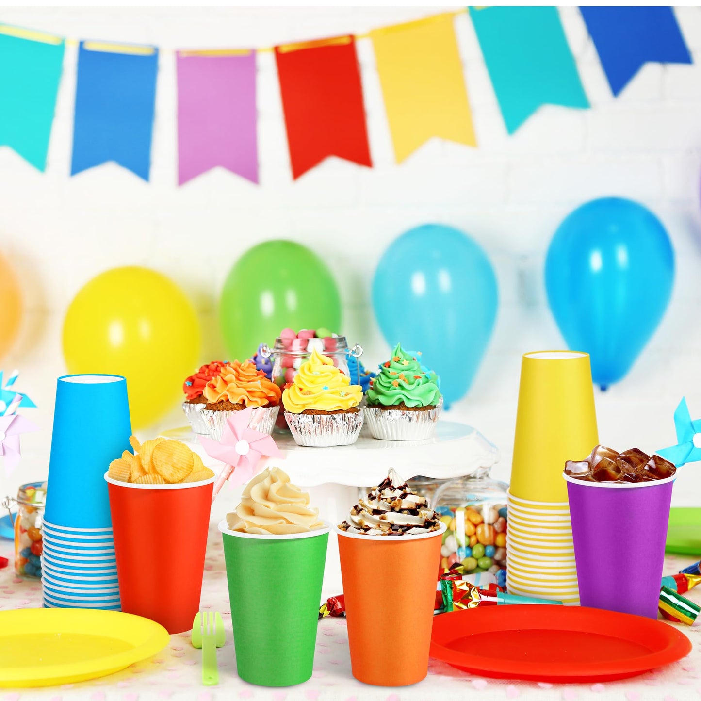 Kochorie 100 Pack 12 Ounce Disposable Rainbow Paper Cups, Colorful Party Cups, Drinking Birthday Cups for Holiday Party Supplies DIY Crafts, 6 Colors