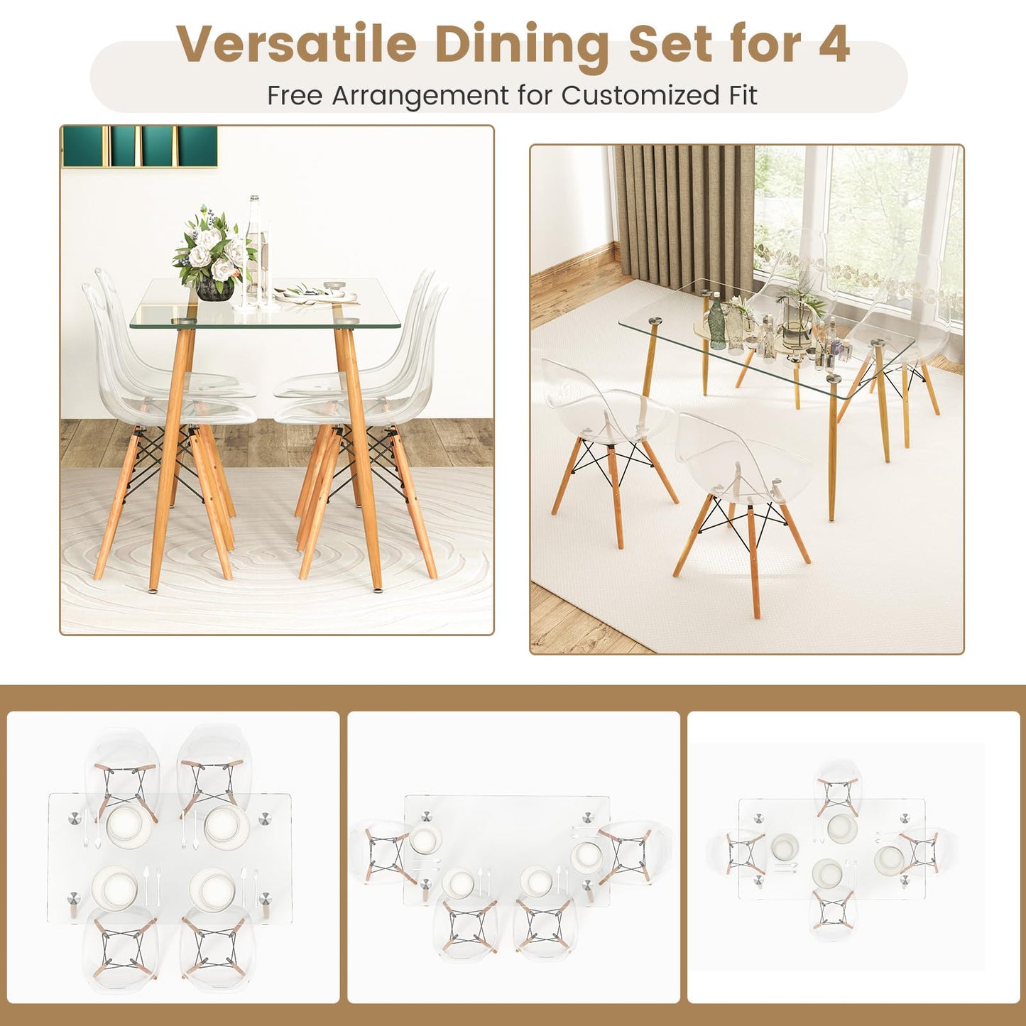 Tangkula Dining Table Set for 4, Modern Kitchen Table and Chairs, Glass Table and Chairs Set of 4 for Small Living Room, Kitchen