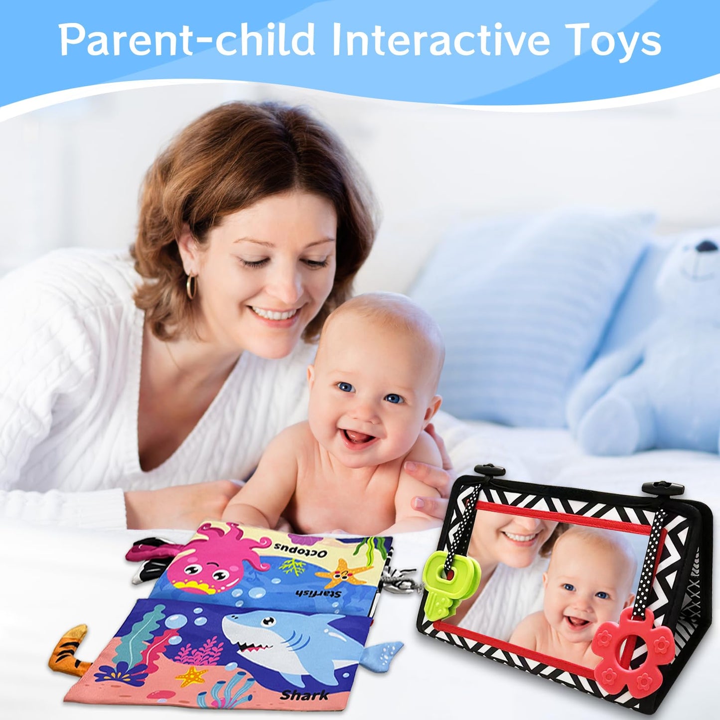Autumety Tummy Time Mirror Newborn Toys: Black and White Infant Tummy Time Toys 0-3 0-6 6-12 Months Babies High Contrast Baby Toy with Book & Teethers Montessori Sensory Toy for Boy Girl Baby