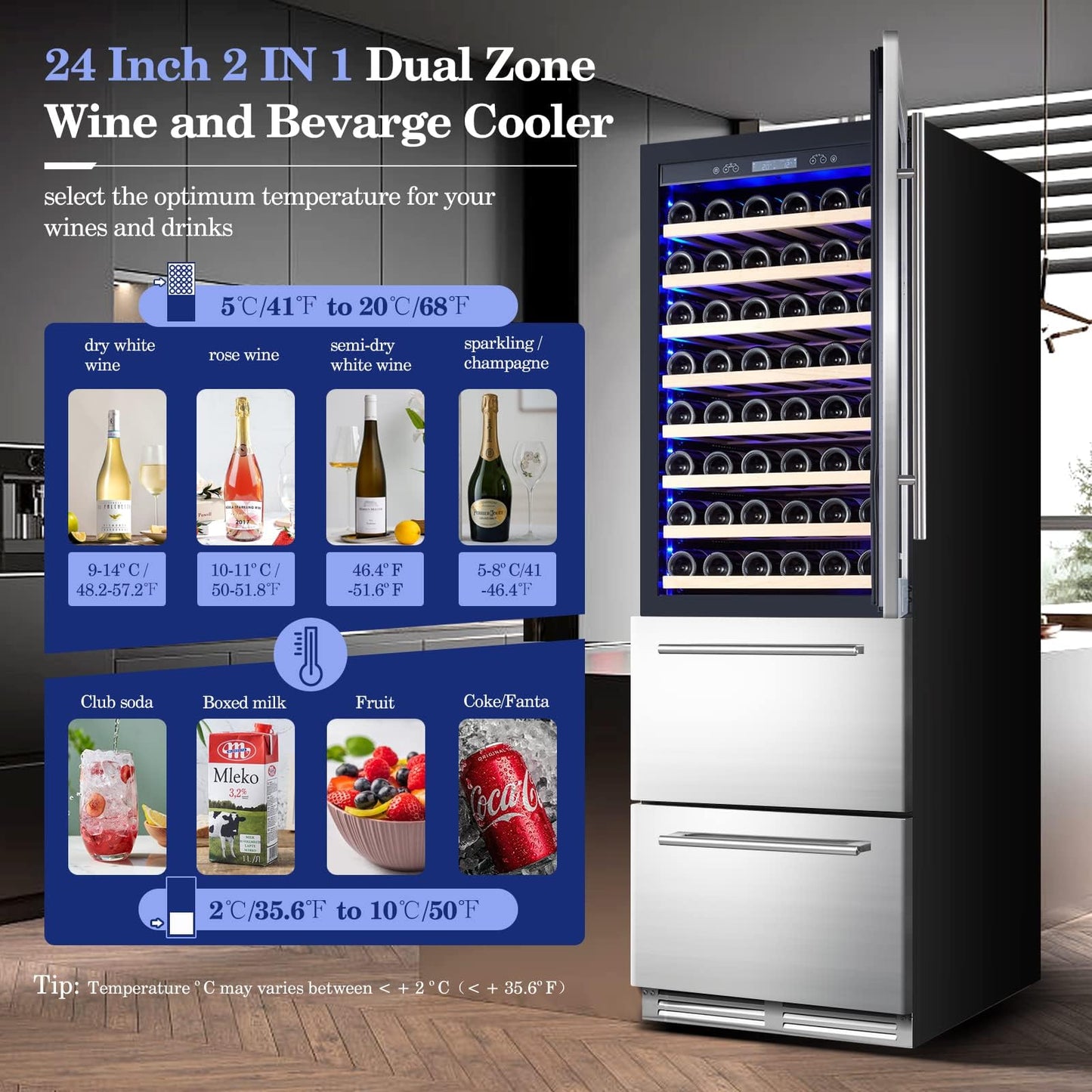 BODEGA Wine and Beverage Refrigerator, 24 Inch 2 IN 1 Dual Zone Wine Cooler,Built-in or Freestanding Beverage Cooler, Soft LED Light Hold 88 Bottles and 149 Cans, silvery