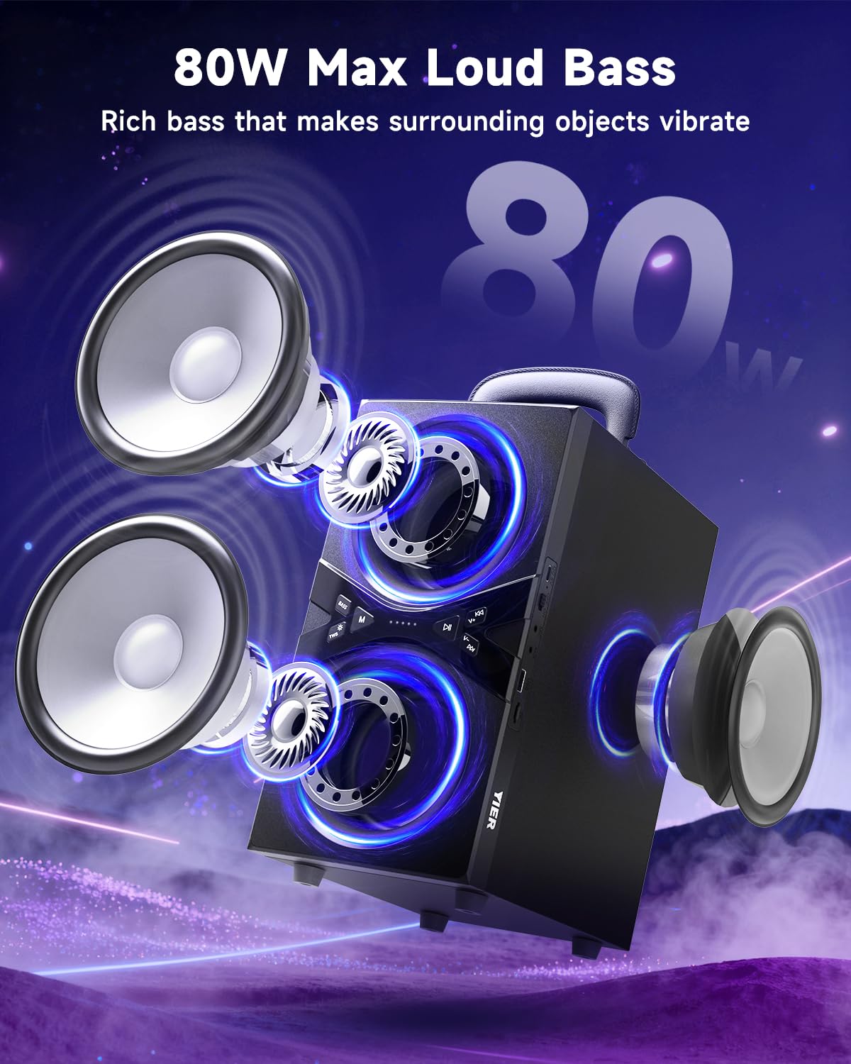 YIER Party Bluetooth Speaker:80W Peak Large Stero Sound for Outdoor,Deep Bass,TWS,Loud with Lights,Portabe Wireless Big Speakers with Long Playtime,House,Projector,Movie