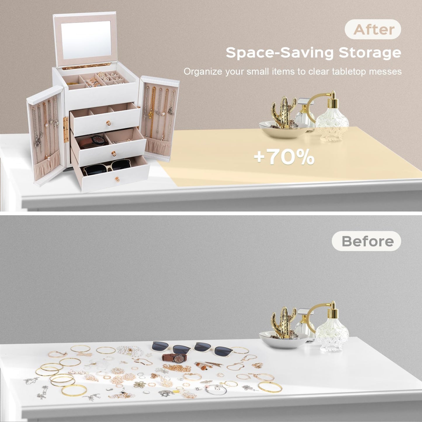 Dajasan Large Jewelry Box Organizer, Jewelry Storage Organizer with 3 Drawers, Huge Jewelry Box with Mirror for Women Girls, Double Door, Textured PU Leather, Gift Idea, Stylish (White + Gold)