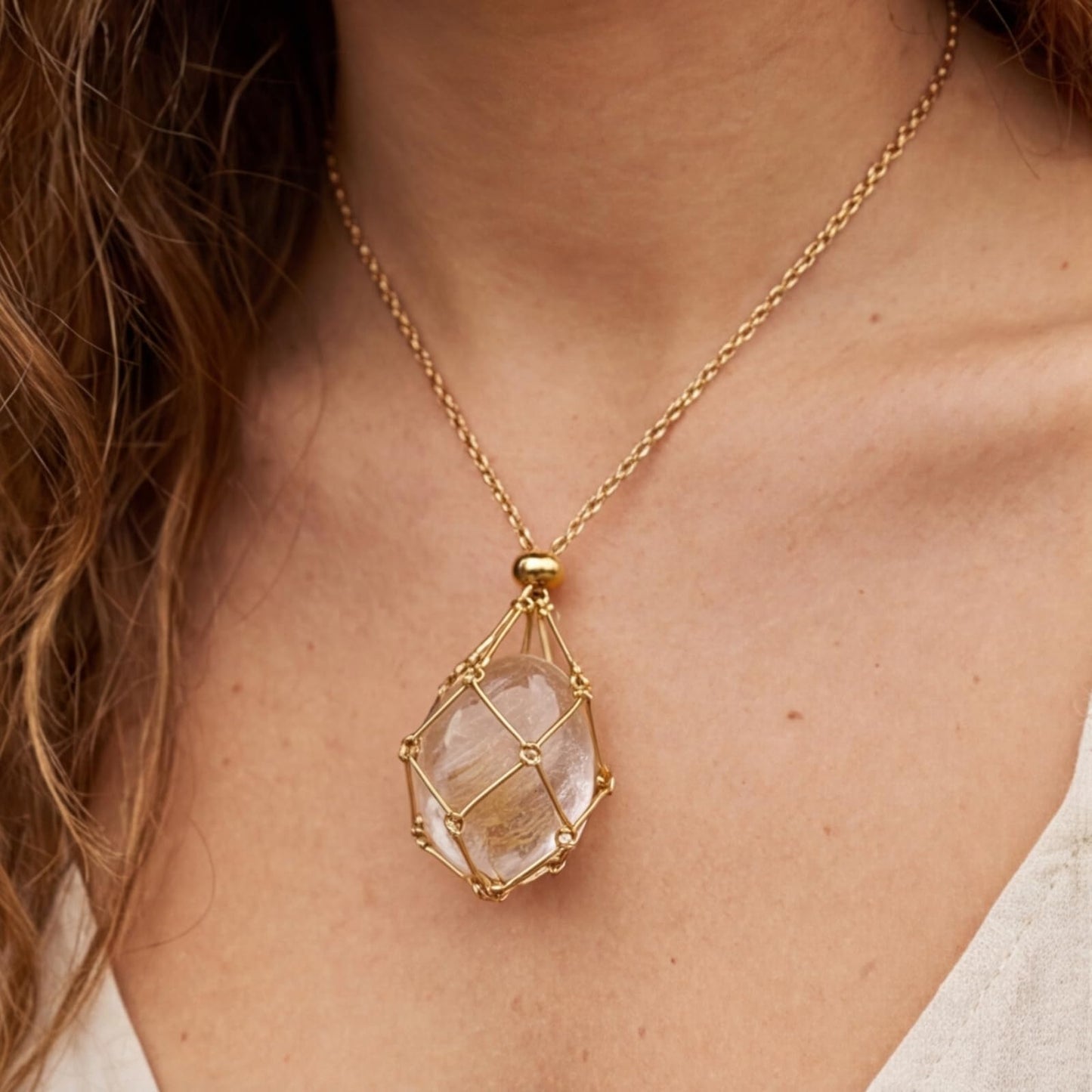 VLIEGEN Crystal Holder Necklace, Stainless Steel Cage for Stone Adjustable Natural Crystal Cage Holder Necklaces Quartz Natural Gemstone Jewelry for Women Men GD L