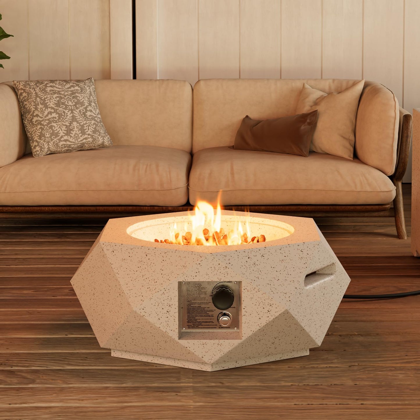 COSIEST Outdoor Propane Fire Pit Table w Terrazzo White Faux Stone 24-inch Hexagon Base, 40,000 BTU Stainless Steel Burner, Free Lava Rocks and Rain Cover