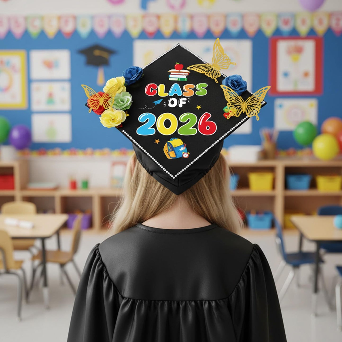 cosmisun Kindergarten Graduation Cap Decorations - 28 Pcs DIY Grad Cap Decorations Kit, Faux Flowers 3D Butterfly Rhinestones Pearl Stickers for Hat Topper Crafts Gift, 2026 Graduation Party Supplies