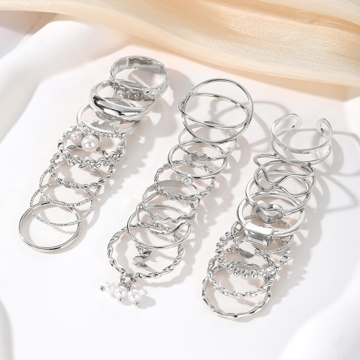 IFKM 24 Pcs Silver Knuckle Rings Set For Women Vintage Stackable Joint Finger Midi Rings Dainty Cubic Zirconia Crystal Simple Twist Hollow Cute Rings Pack Jewelry Gift (Heart's Voice, Silver)