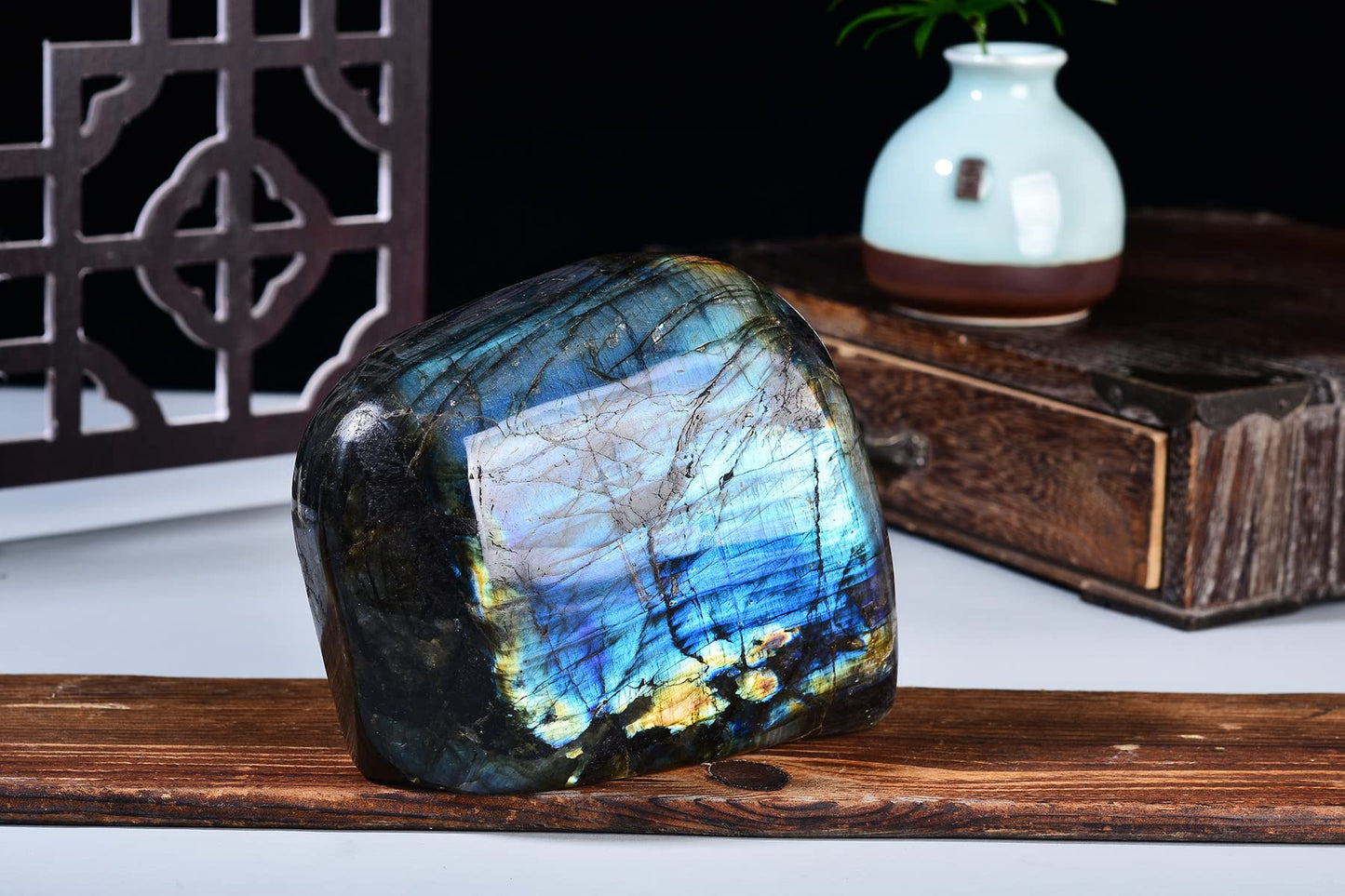 AMOYSTONE Decorative Stone Heavy Large Labradorite Polished Crystal Stone Slab Crystal Aura Healing Reiki Home Decor 3.5-4 LBS