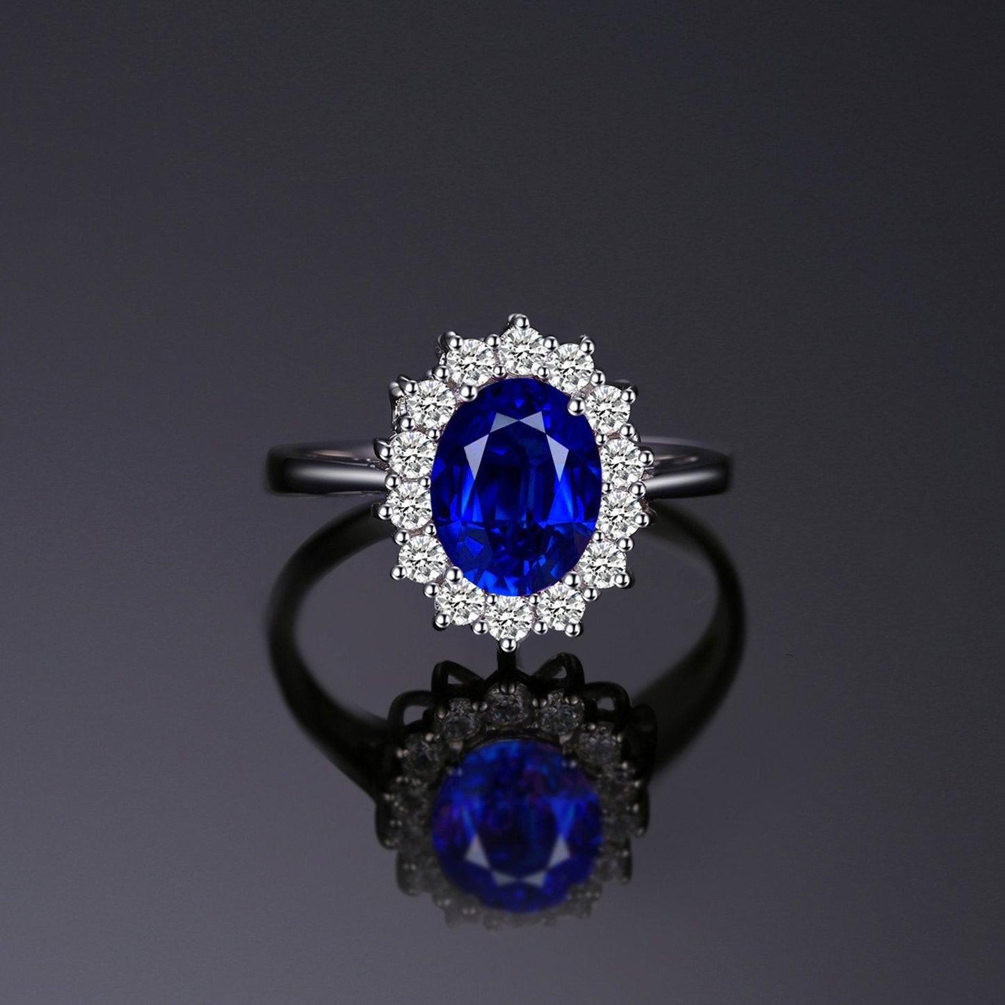 JewelryPalace Princess Diana Kate Middleton Class Gemstone Birthstone Royal Blue Created Spinel Halo Statement Engagement Rings for Women, Anniversary 14K White Gold Plated Promise Rings for Her 10.5